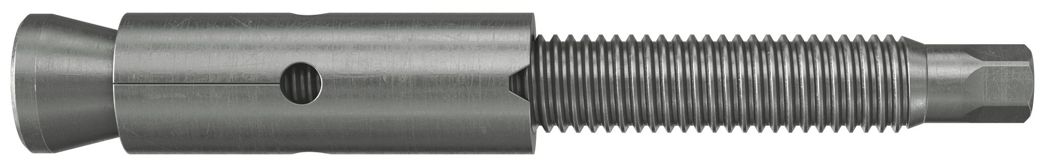 Metallverbindungsstange mit Gewinde, konisches linkes Ende und glatter zylindrischer Körper, auf weißem Hintergrund dargestellt.