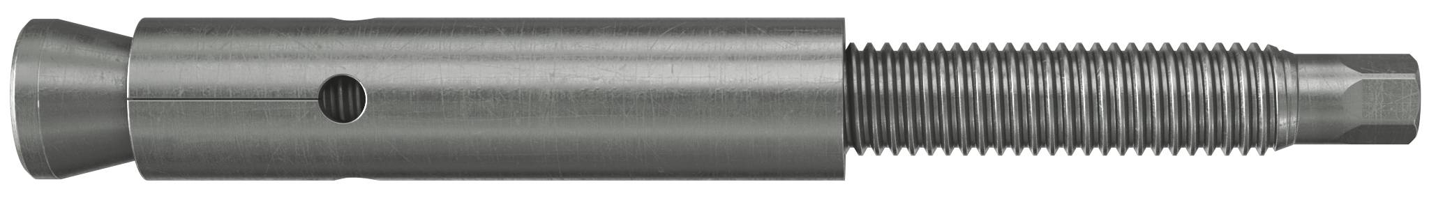 Metallgewindeadapter mit zylindrischem glattem Körper, konischem linkem Ende, seitlichem Loch und männlichem Gewindschaft auf der rechten Seite.
