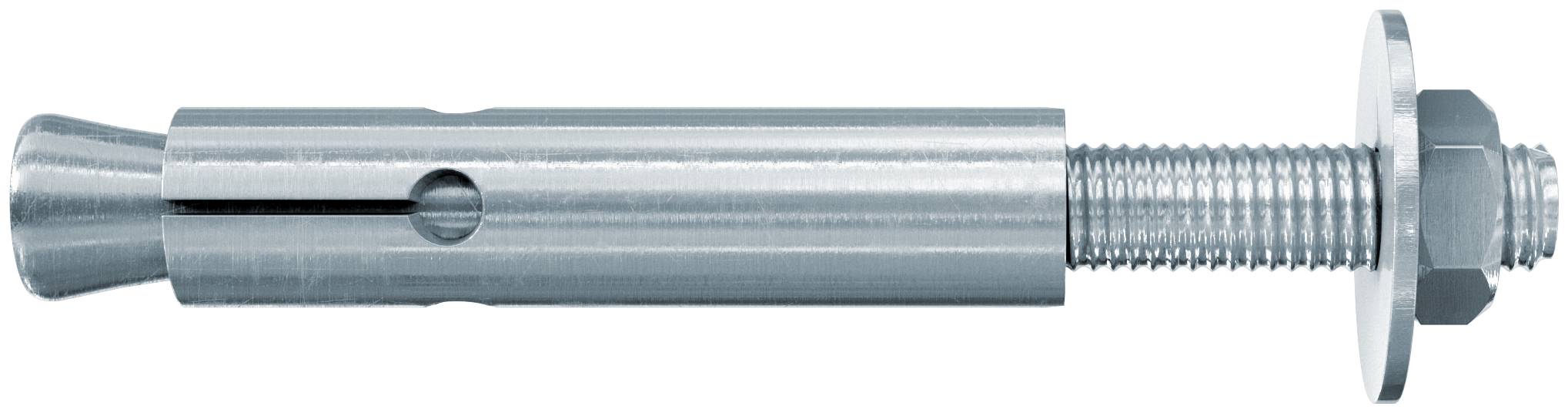 Metallischer Expansionsbolzenanker mit Gewinde, Unterlegscheibe und Mutter auf weißem Hintergrund.
