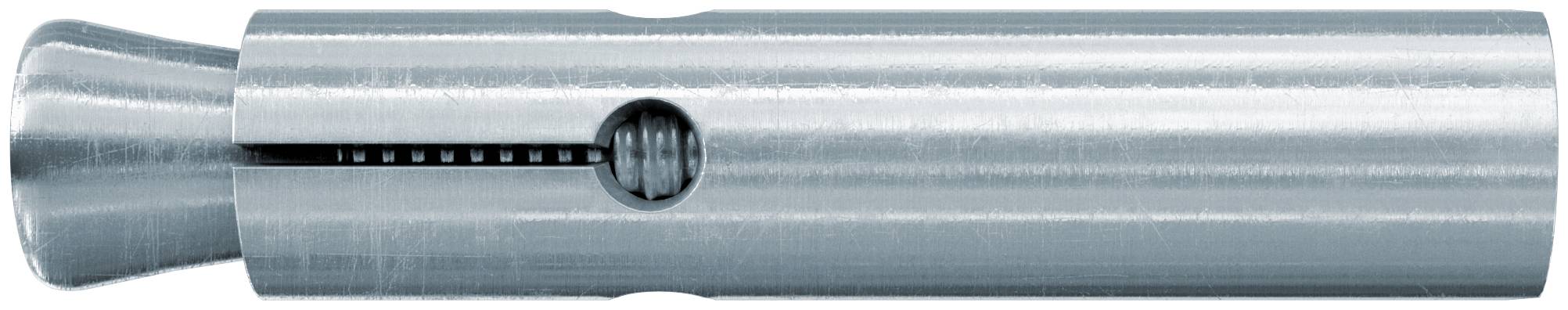 Silberner Metallexpansionsankerdübel mit seitlicher Arretierungsschraube, verwendet zum Befestigen von Objekten in Mauerwerk oder Beton.