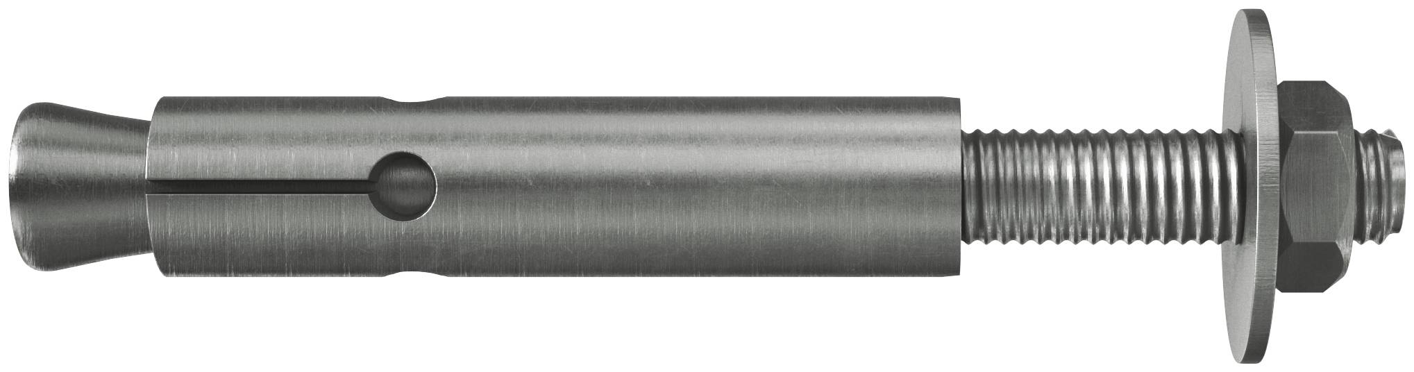 Metallexpansionsanker mit konischer Hülse, Gewindende, Unterlegscheibe und Mutter auf weißem Hintergrund.