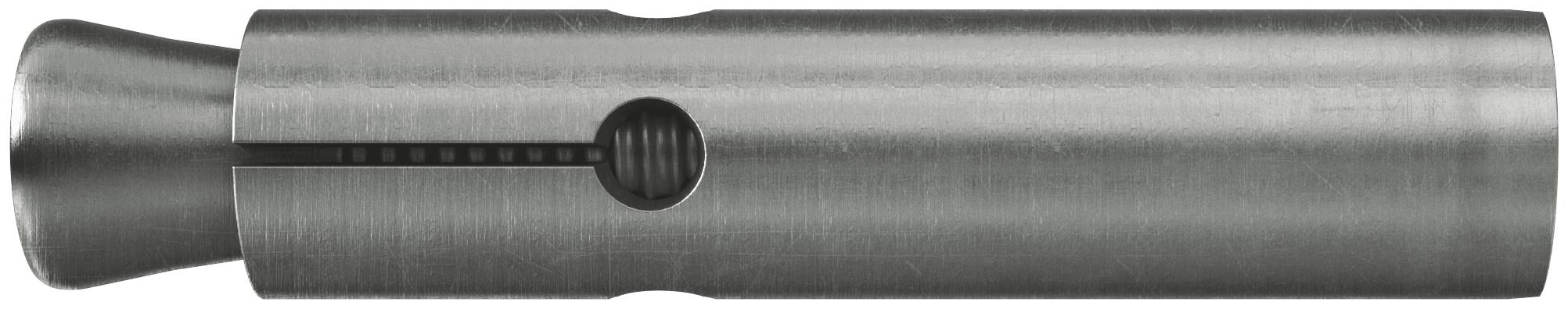 Nahaufnahme eines zylindrischen Werkzeugs oder Teils aus Edelstahl mit ausgeflanstem Ende und einem seitlichen Schlitz mit rundem Knopf oder Stift.
