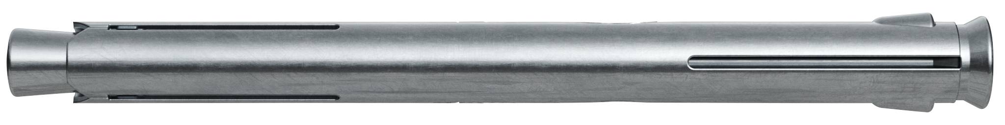 Ein silbernes zylindrisches Metalltool oder Rohr mit Schlitzen entlang des Körpers, horizontal auf weißem Hintergrund gezeigt.