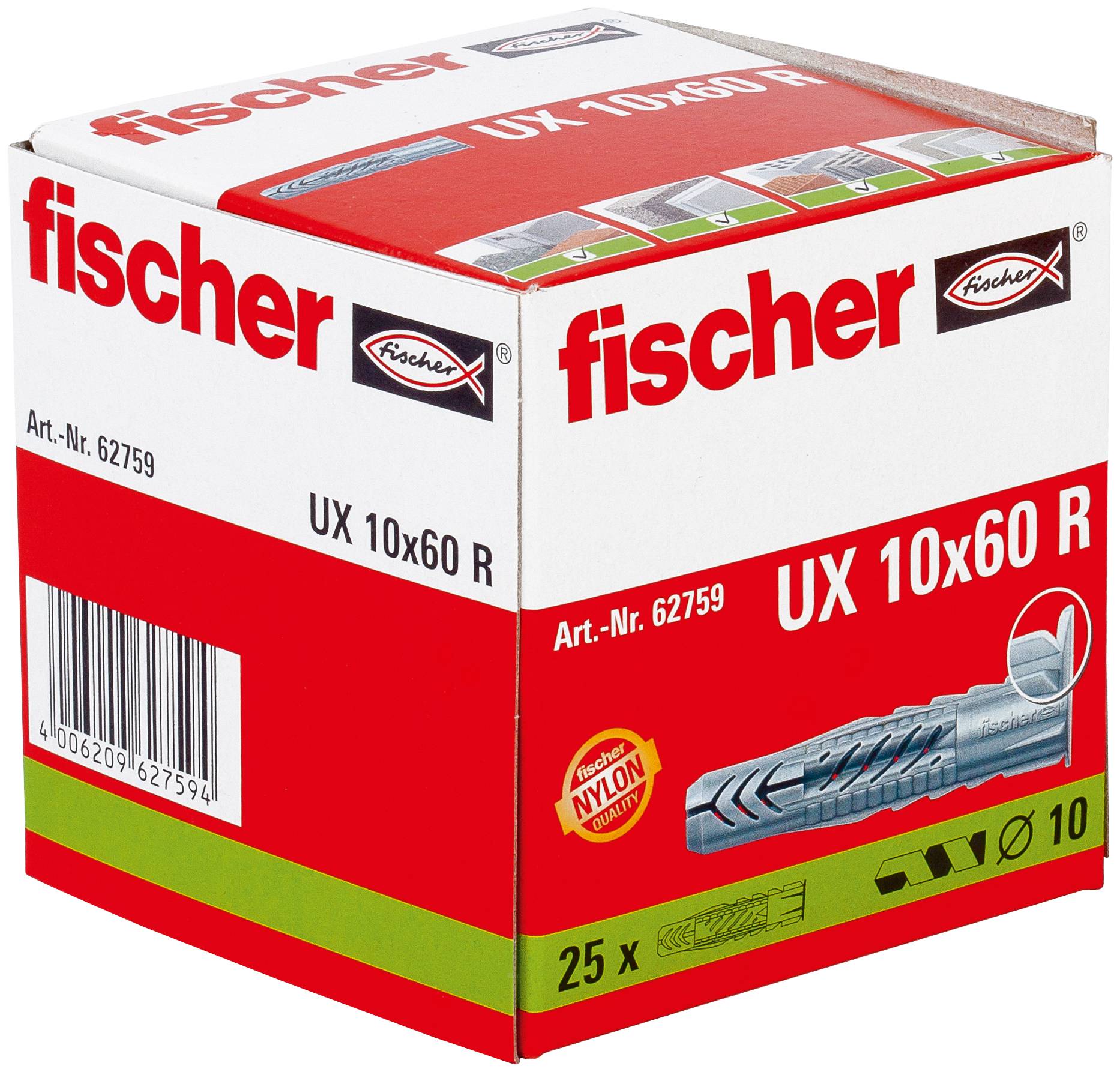 Schachtel fischer UX 10x60 R Nylon Dübel, 25er Pack, mit Produktabbildung und Artikelnummer 62759.