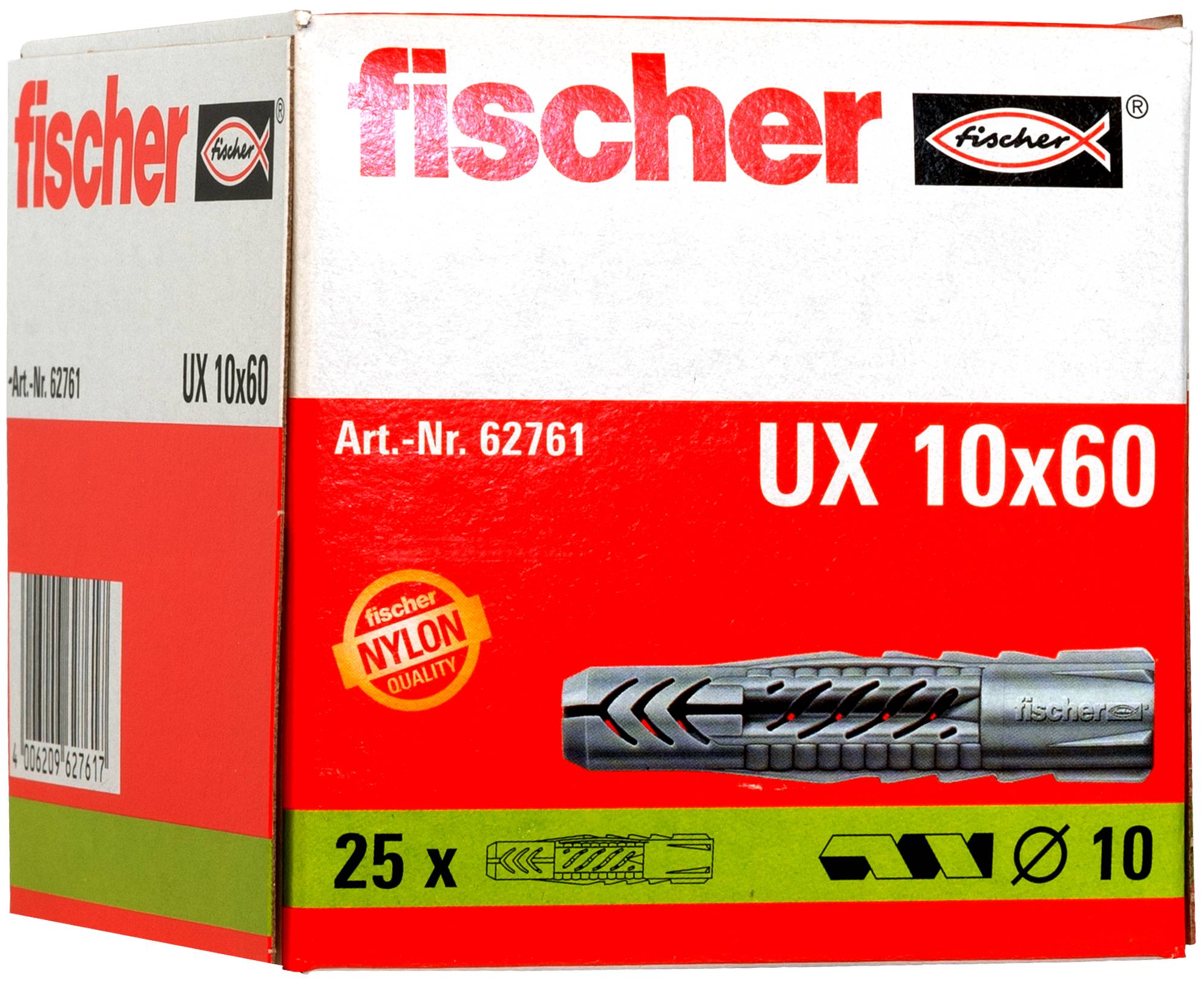 Fischer UX 10x60 Wanddübel Verpackung, zeigt 25 Stück und Produktabbildung auf einer rot-weiß-grünen Schachtel.