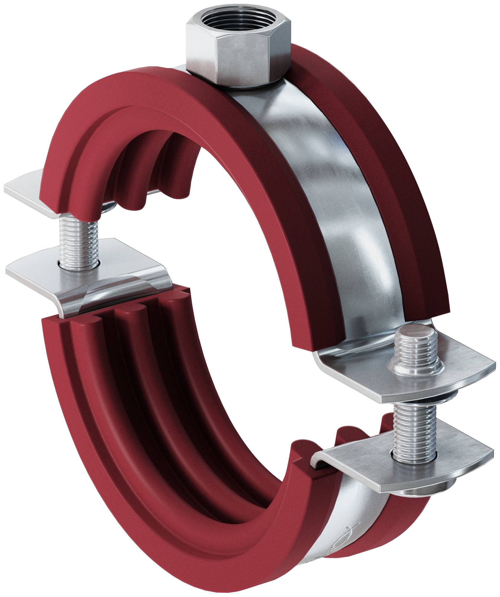 Schellring zur Rohrbefestigung, dargestellt als geteilter rot und metallischer kreisförmiger Rohrstützring mit Bolzen und Gewindebefestigungselementen.