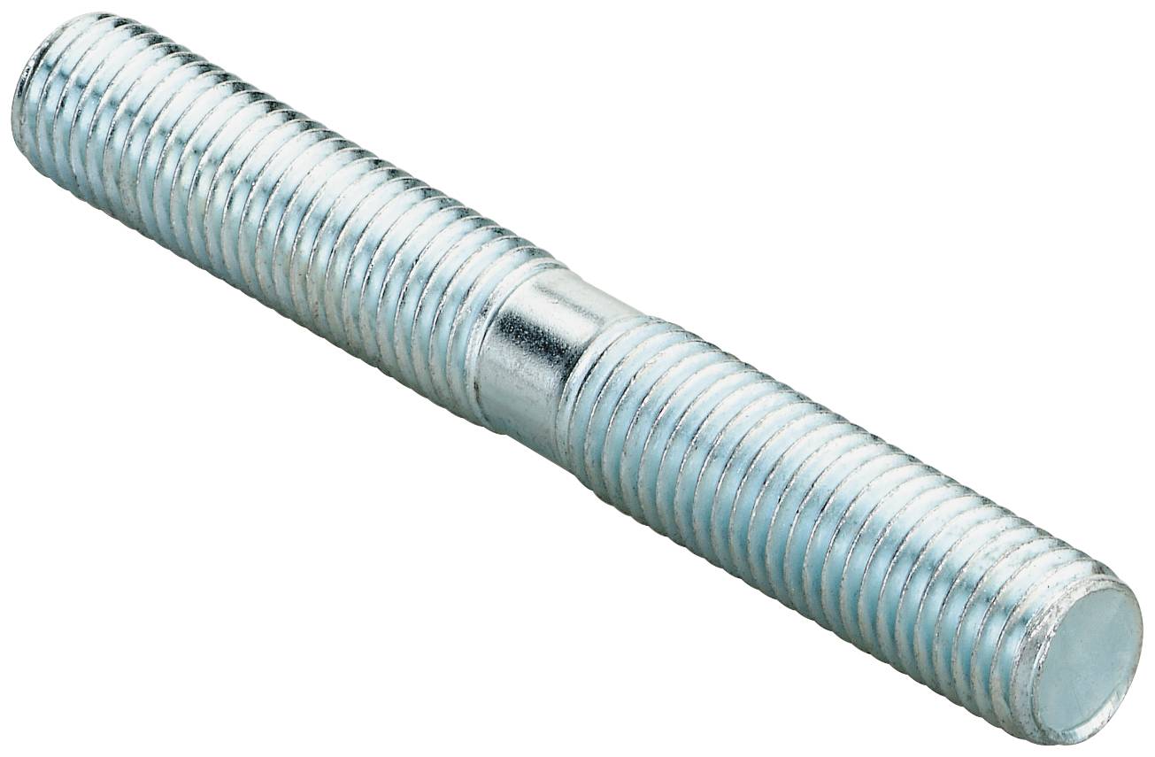 Eine Metallgewindestange oder ein Bolzen, diagonal auf weißem Hintergrund dargestellt, mit Gewinden über die meiste Länge und einem sichtbaren flachen Ende.