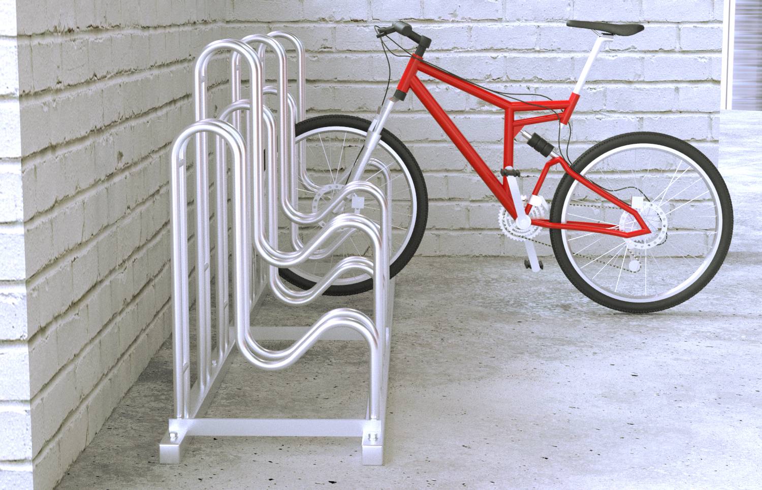 Rotes Fahrrad geparkt in einem Betonfahrradständer neben einer Backsteinmauer in einer Garage oder geschützten Fläche.
