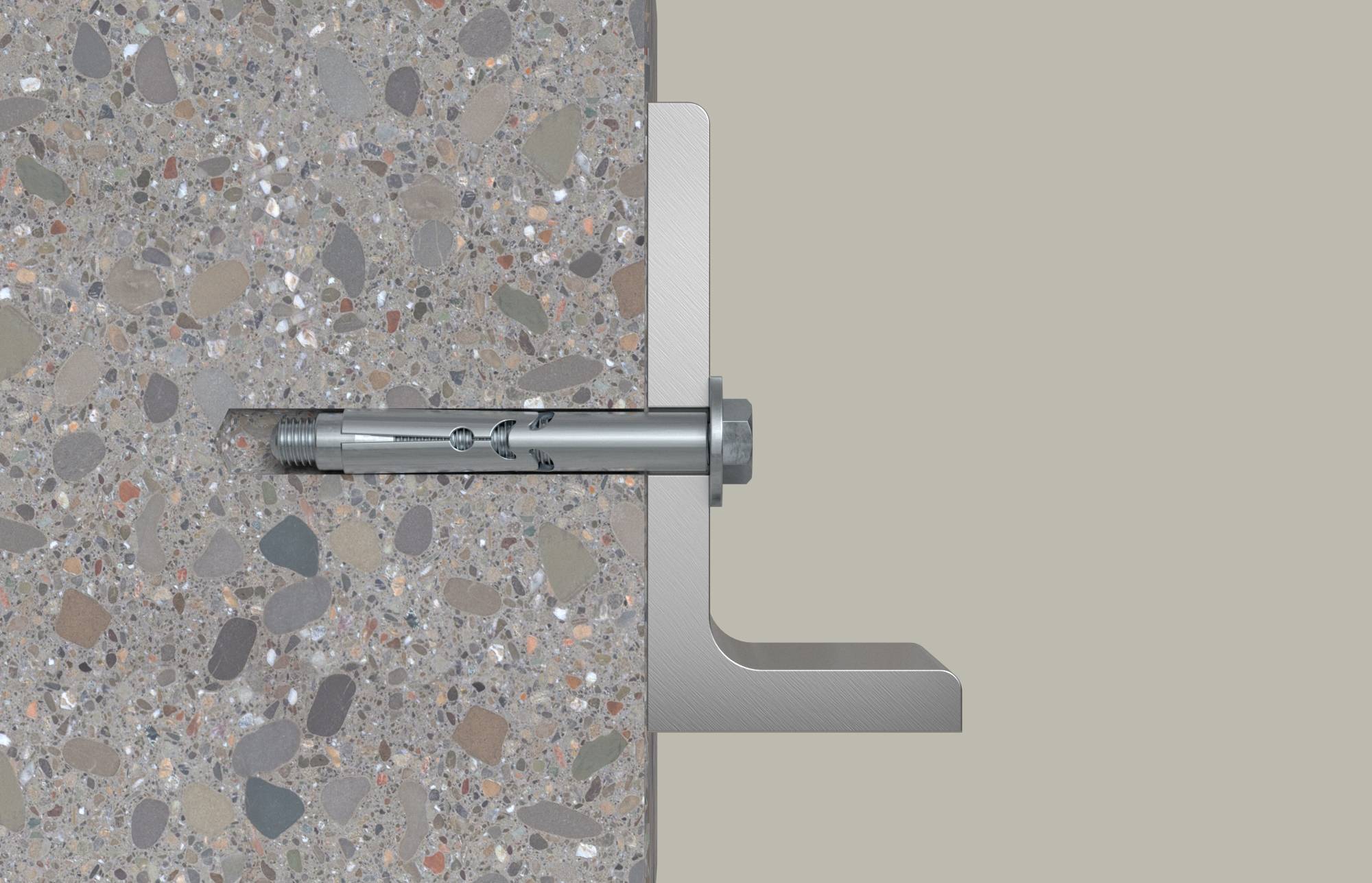 Seitenansicht eines Wandankers, der eine Metallhalterung an einer Betonwand befestigt.