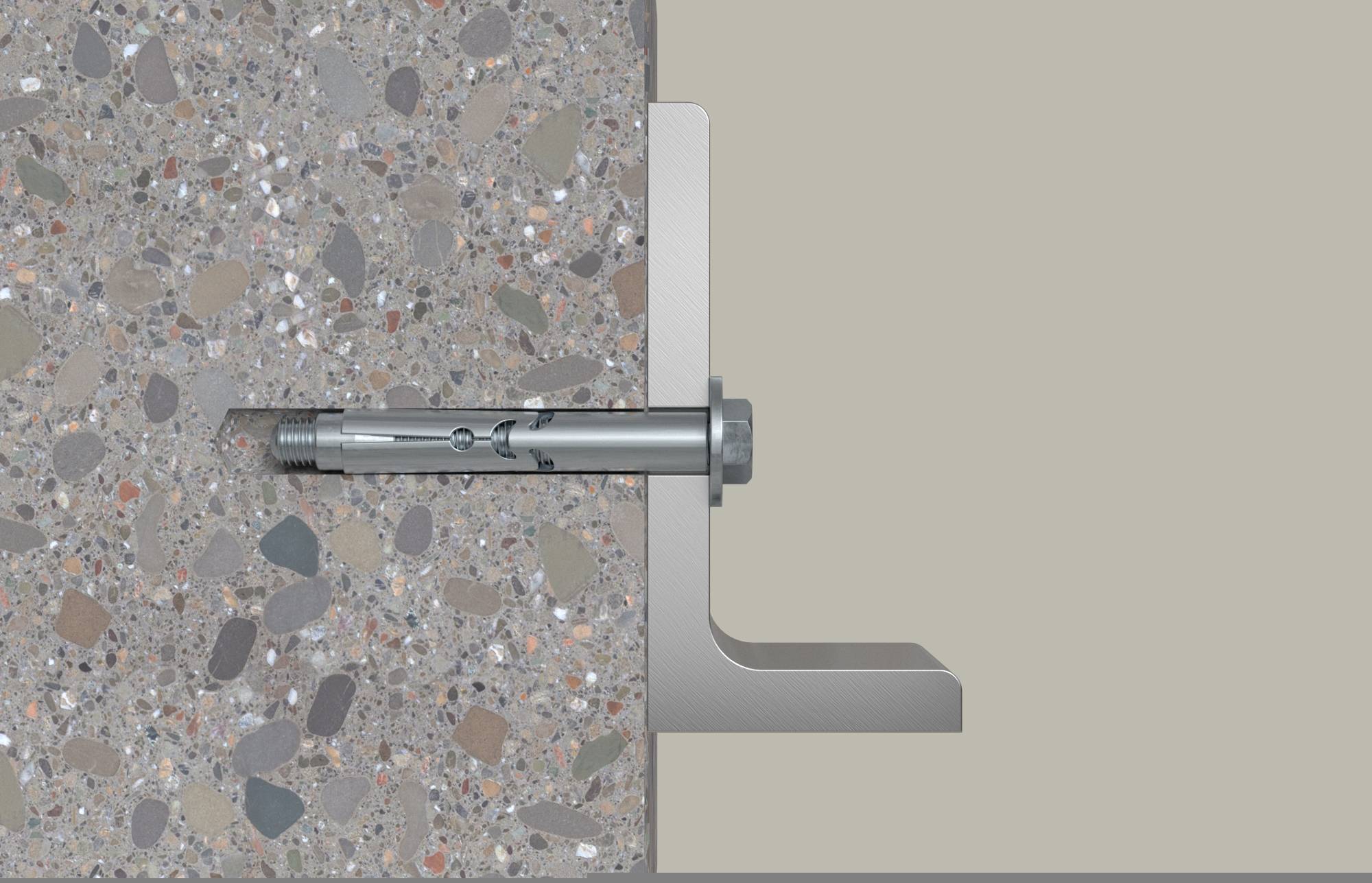 Querschnitt einer Wandverankerungsschraube, die eine Metallhalterung an einer Betonoberfläche befestigt.