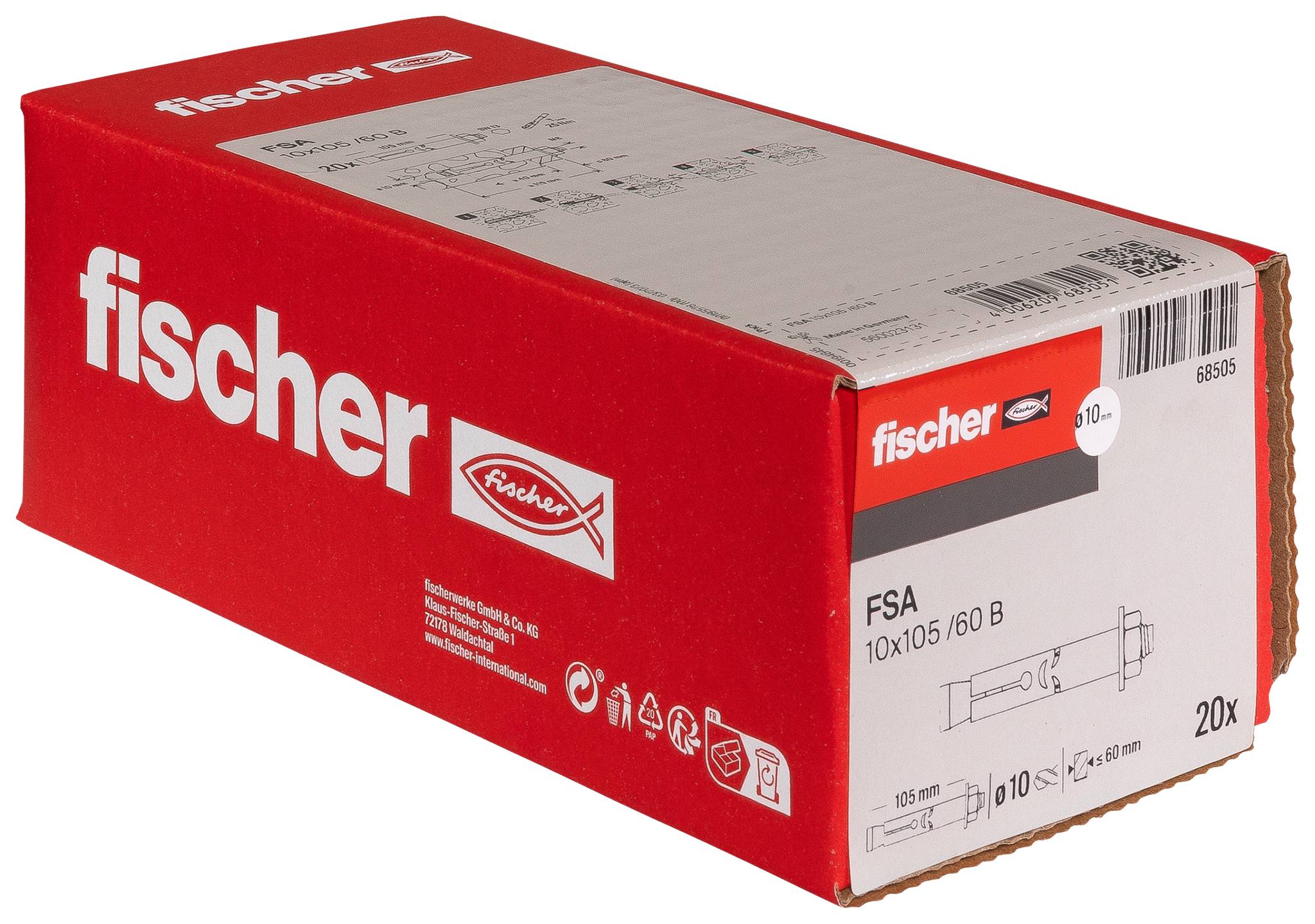 Rote Fischer Markenbox von FSA 10x105/60 B Befestigungselementen, gezeigt mit Produktkennzeichnungen und Menge 20x.