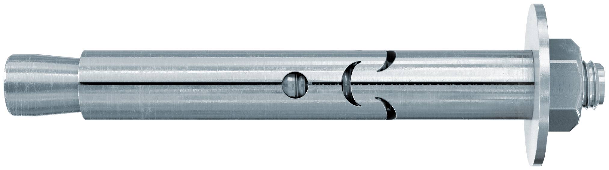 Metallwanddübel mit expandierbarer Hülse und Flansch, in Seitenansicht auf weißem Hintergrund dargestellt.
