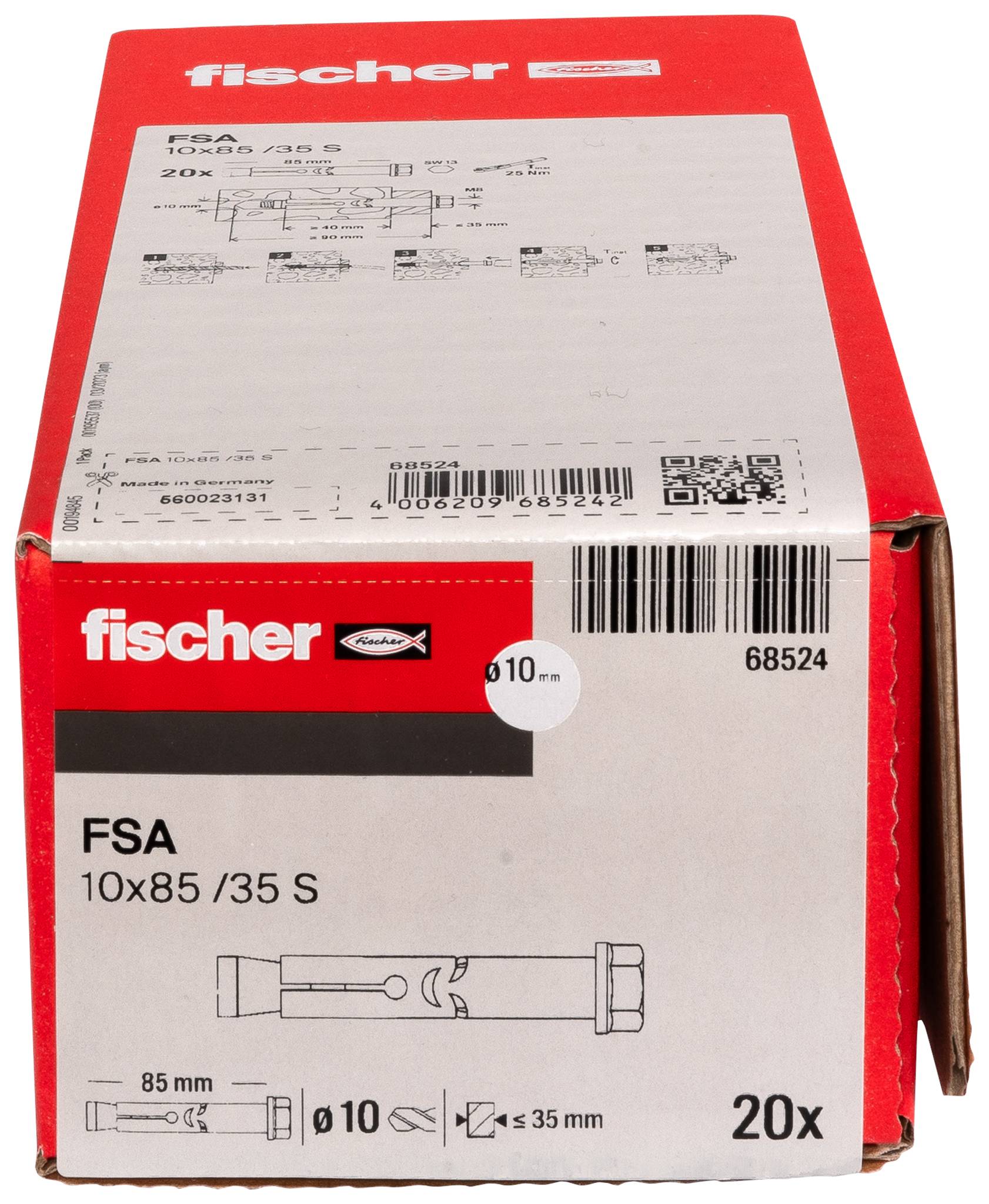 Befestigungsbox für Fischer FSA Anker mit rotem Etikett „FSA 10x85/35 S", mit einer Menge von 20x und einem Produktdiagramm auf der Vorderseite.