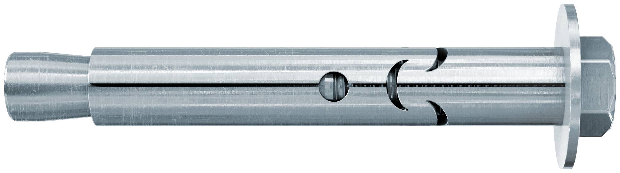 Metallus-Expansionsankerschraube mit geschlitzter Hülse und Sechskant-Kopf, horizontal auf weißem Hintergrund dargestellt.