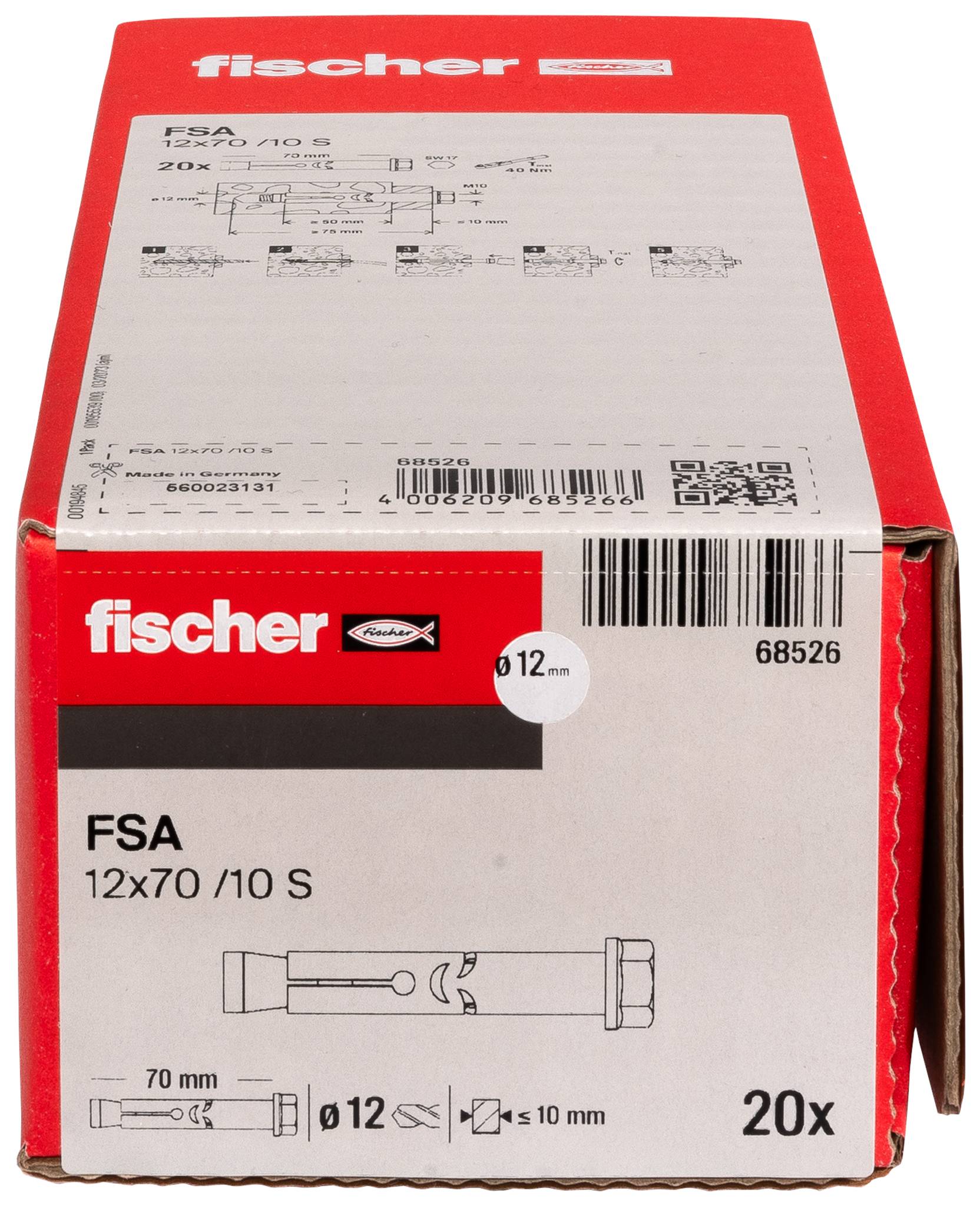 Rote Fischer-Box für FSA 12x70/10 S Wanddübel, mit Produktdiagramm, 12-mm-Größe und 20er-Packung.