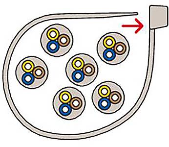Diagramm von Kabeln in einem Kabelstrang mit fünf runden Leitern in Isolationsringen, die zu einem Stecker führen.