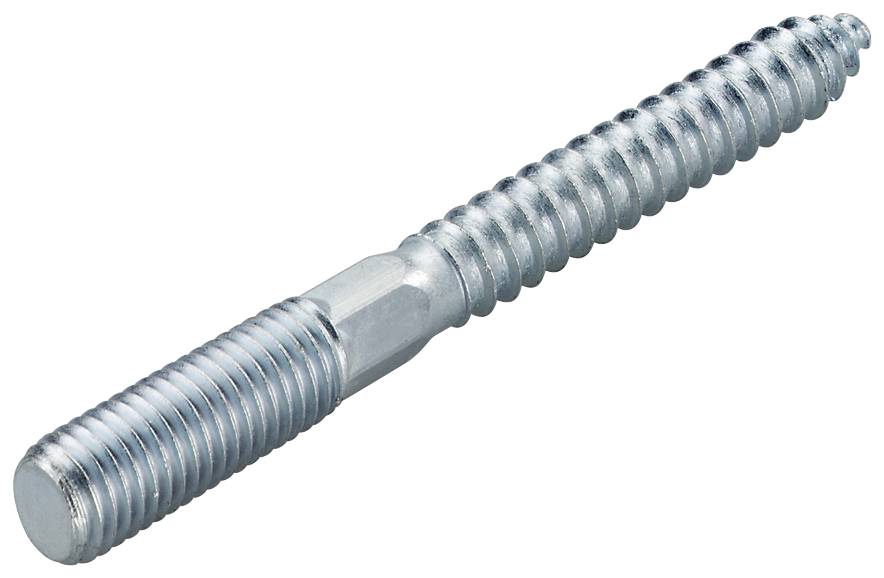 Metallschraube/Bolzen mit Gewinde und glatter sechseckiger Mitte, diagonal auf weißem Hintergrund dargestellt.