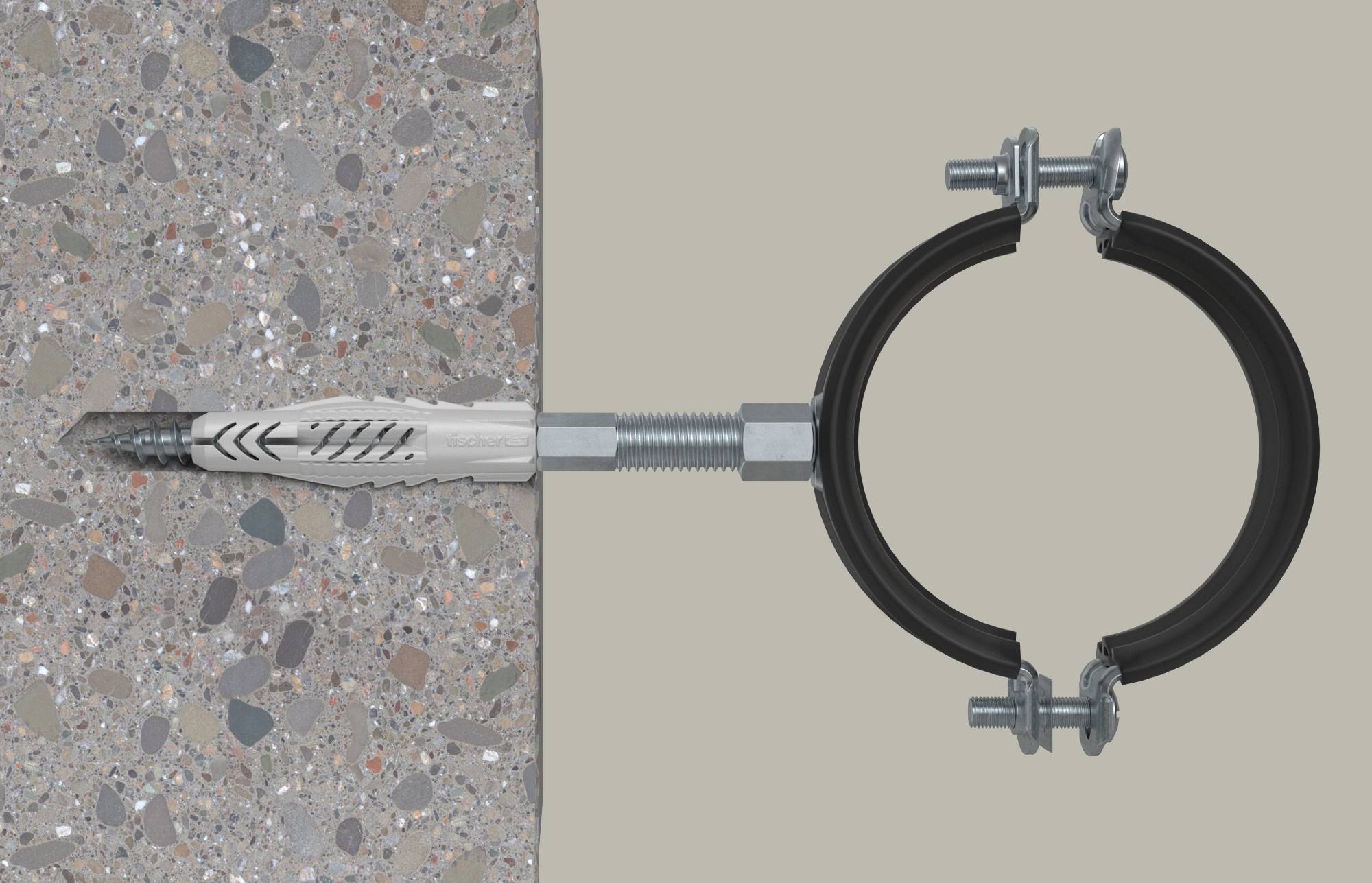 Nahaufnahme einer an der Wand montierten Rohrklemme, die mit einem Metallexpansionsbolzen in Beton verankert ist und die Klemme, die ein zylindrisches Rohr sichert, zeigt.