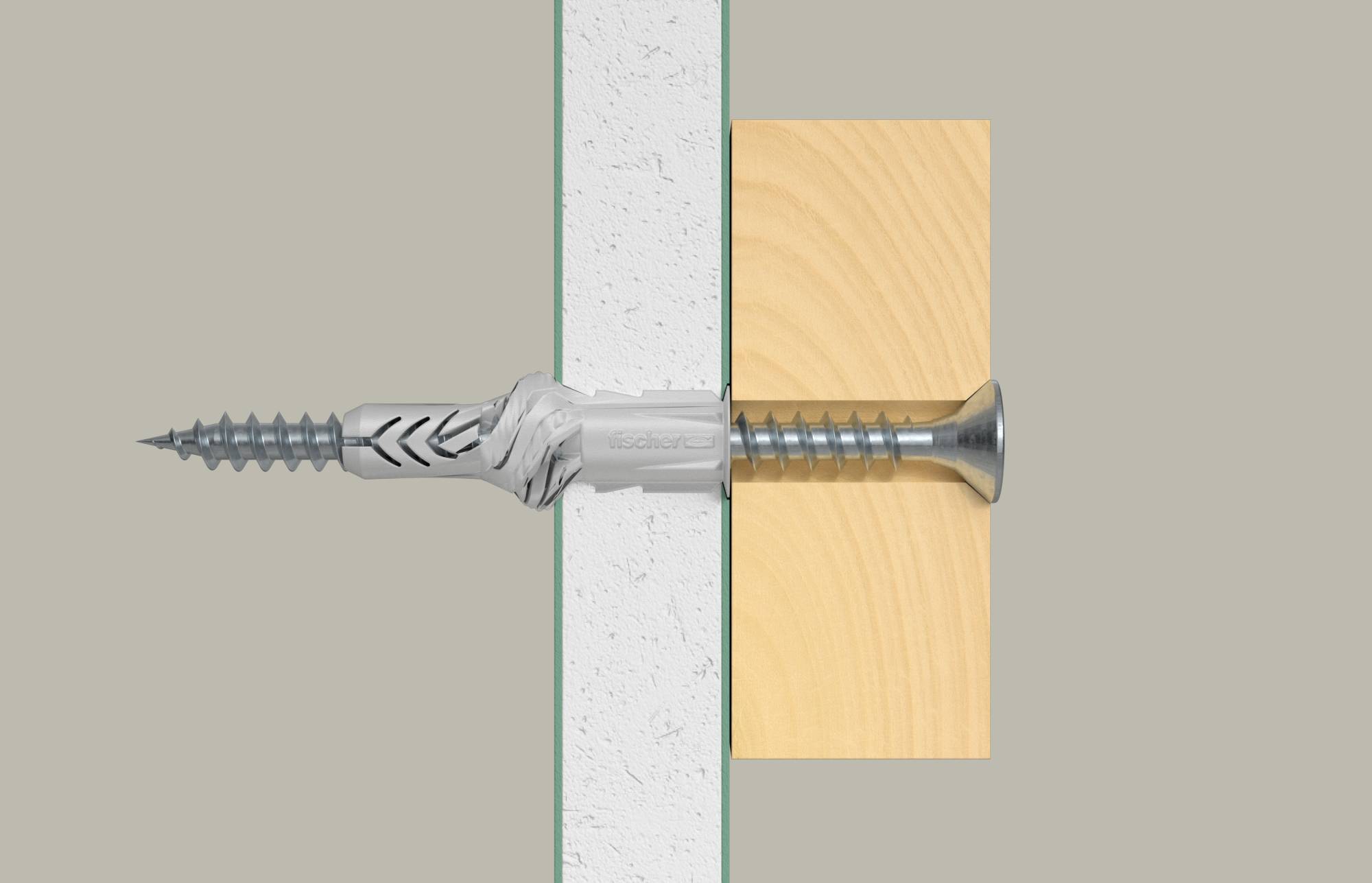Querschnittsdiagramm einer Schraube, die einen Metallankerpunkt in einer Wand mit einer Holzplatte verbindet und zeigt, wie die Befestigung durch beide Materialien verläuft.