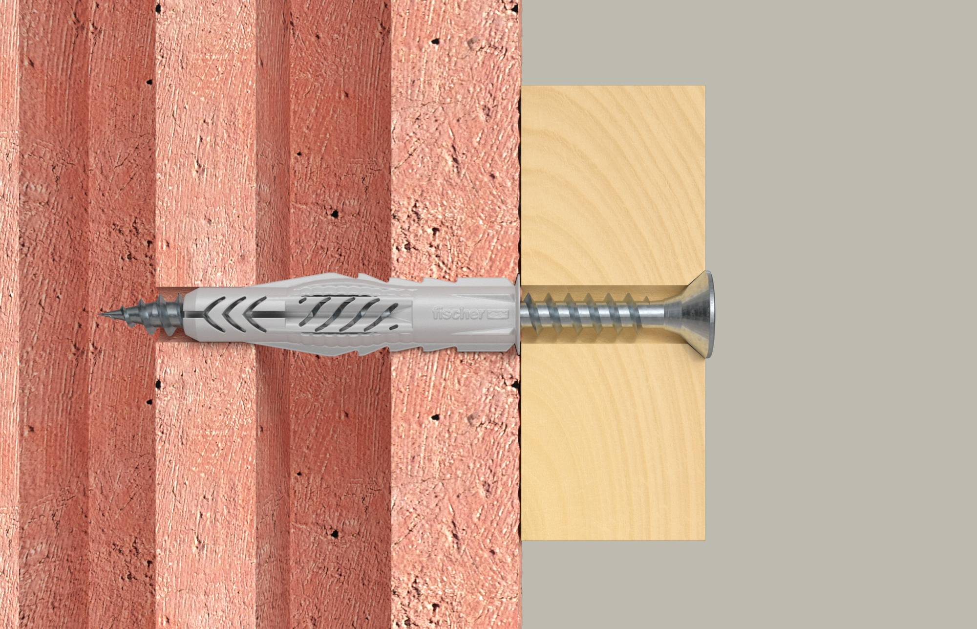 Gewindeanker, der in eine Mauerwerkswand neben einem Holzbrett gebohrt wird, zeigt, wie die Befestigung das Brett an der Wand sichert.