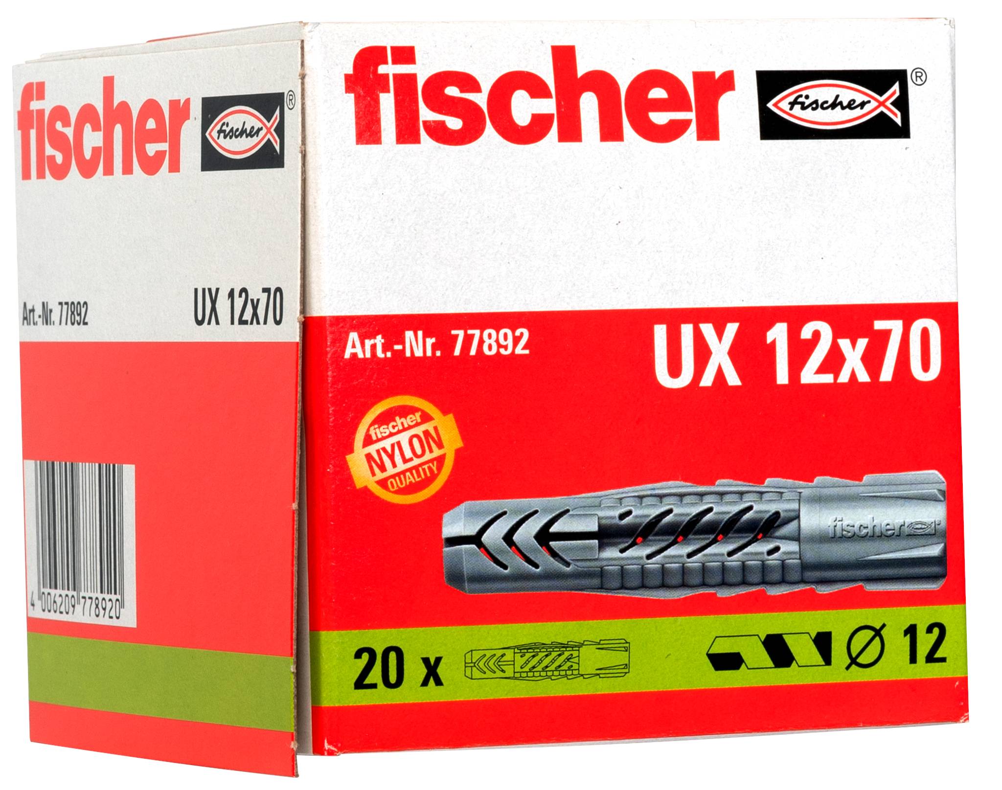 Bild der Verpackung der Fischer UX 12x70 Nylondübel-Box, gekennzeichnet mit Art.-Nr. 77892, 20 Stück, für 12-mm-Bohrungen.