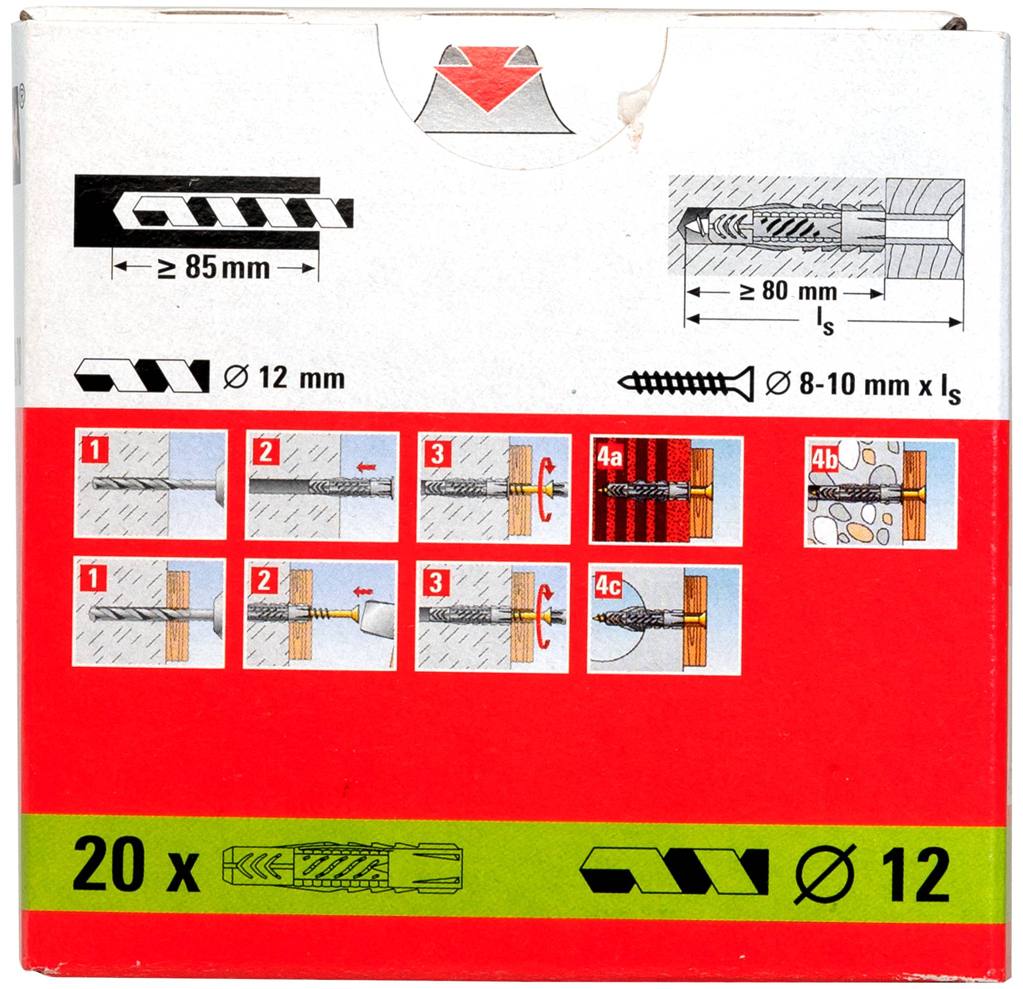 Verpackungsdiagramm mit Installationsanweisungen für Bohrer und Schrauben, mit erforderlicher Bohrtief, Bitstößen und nummerierten Schritten für Maurer- und Holzanker.