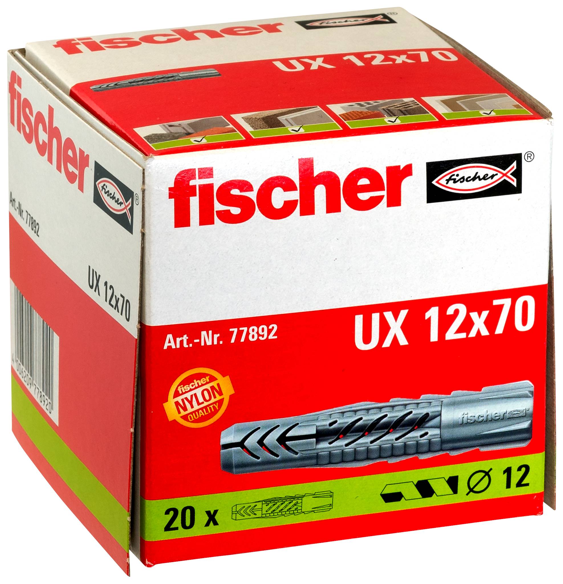 Fischer UX 12x70 Nylon-Dübel Box, gekennzeichnet mit '20x' und 'Art.-Nr. 77892', mit einem Bild des grauen Ankers auf der Vorderseite.