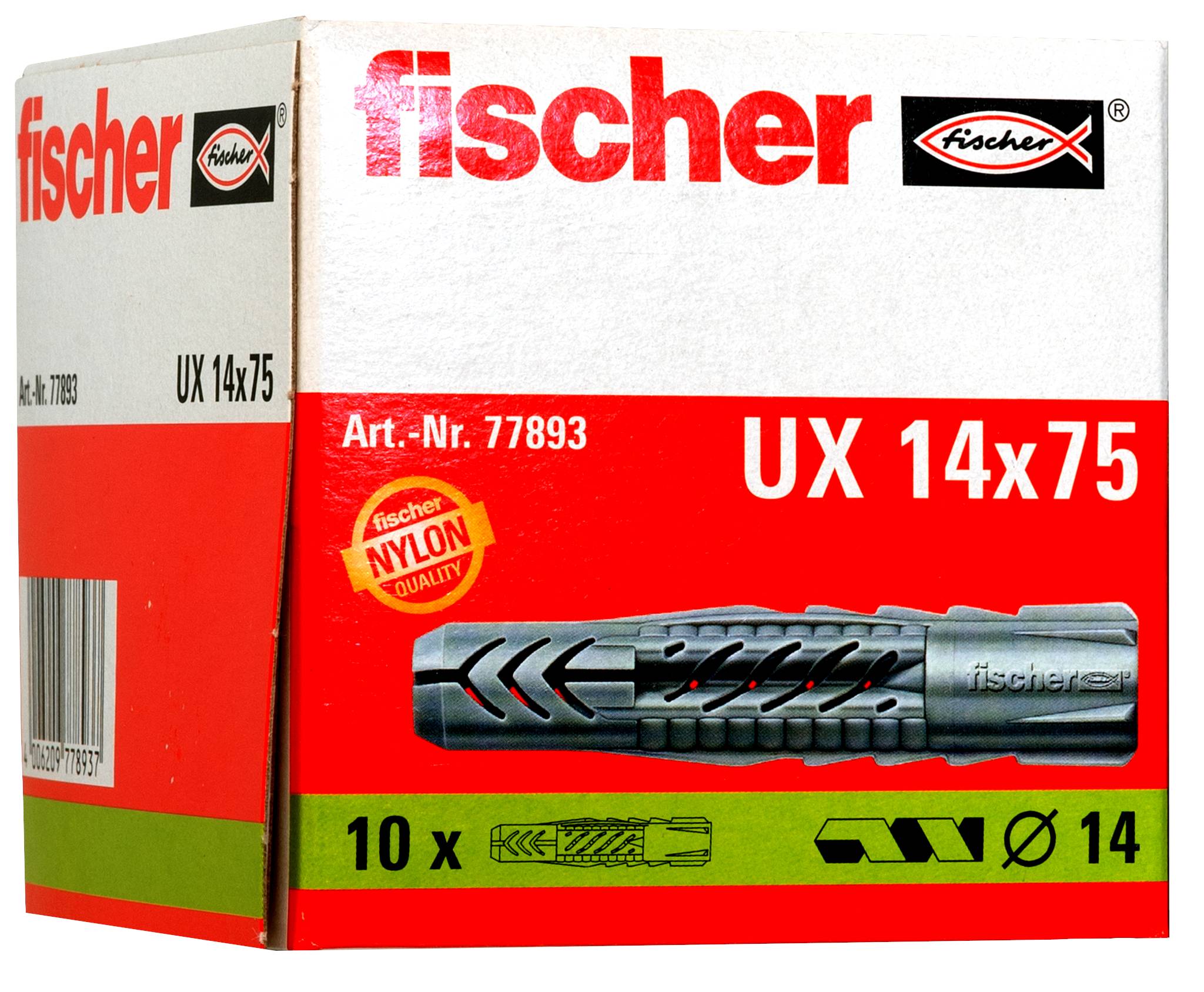 Fischer UX 14x75 Kunststoff-Dübel Packung, zeigt einen schwarzen Dübel, „10x