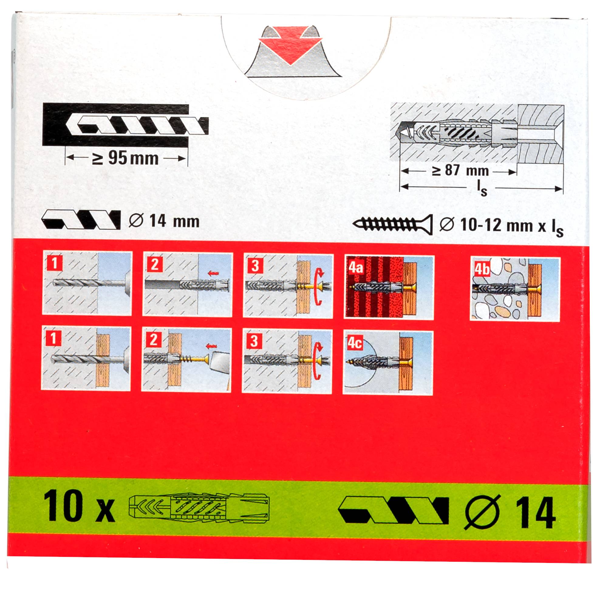 Paketbezeichnung mit Bohrmaschine und Steinbefestigungsanker-Installationsdiagrammen, die minimale Bohrtiefe von 95 mm und 87 mm, 14 mm Bohrergröße und 10–12 mm Schraubengröße zeigen.