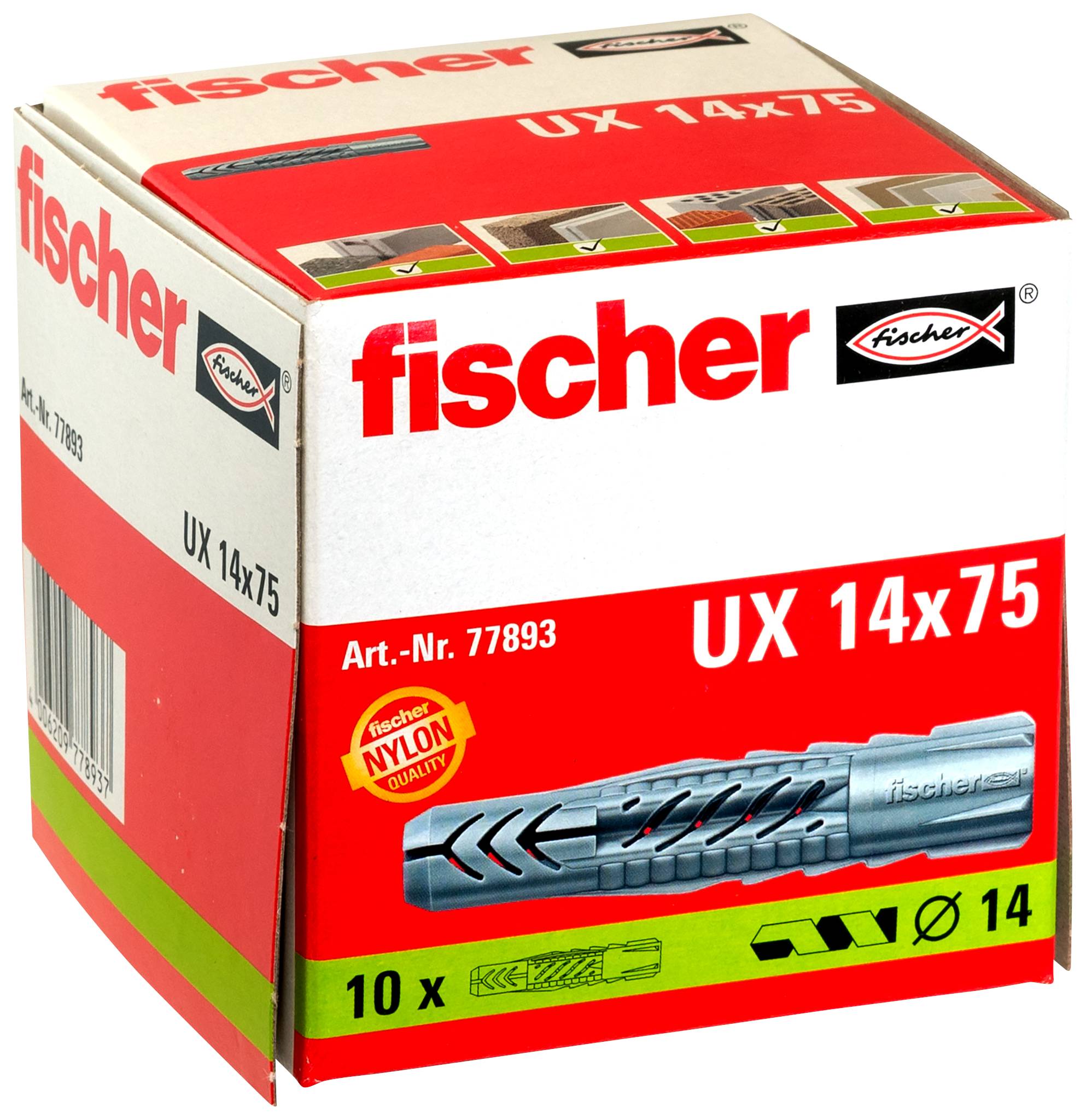 Fischer UX 14x75 Nylon-Dübel Box mit Produktabbildung und 10er Packung.