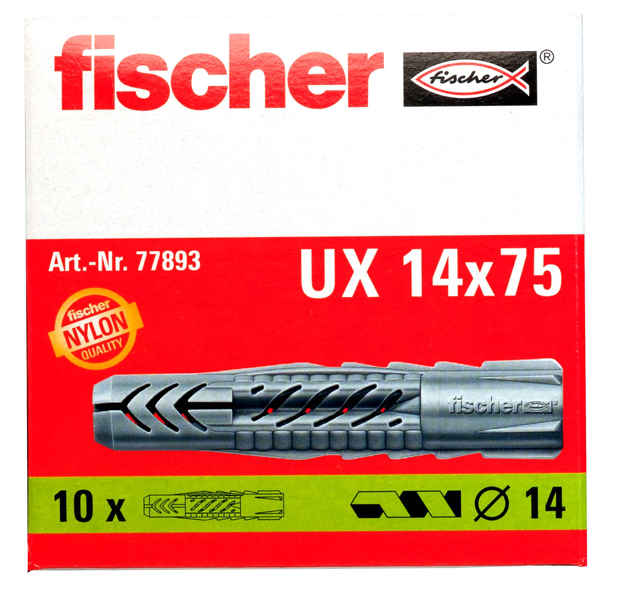 Fischer UX 14x75 Nylon-Dübel-Paket, zeigt 10 Stück und eine Bohrergröße von 14 mm.