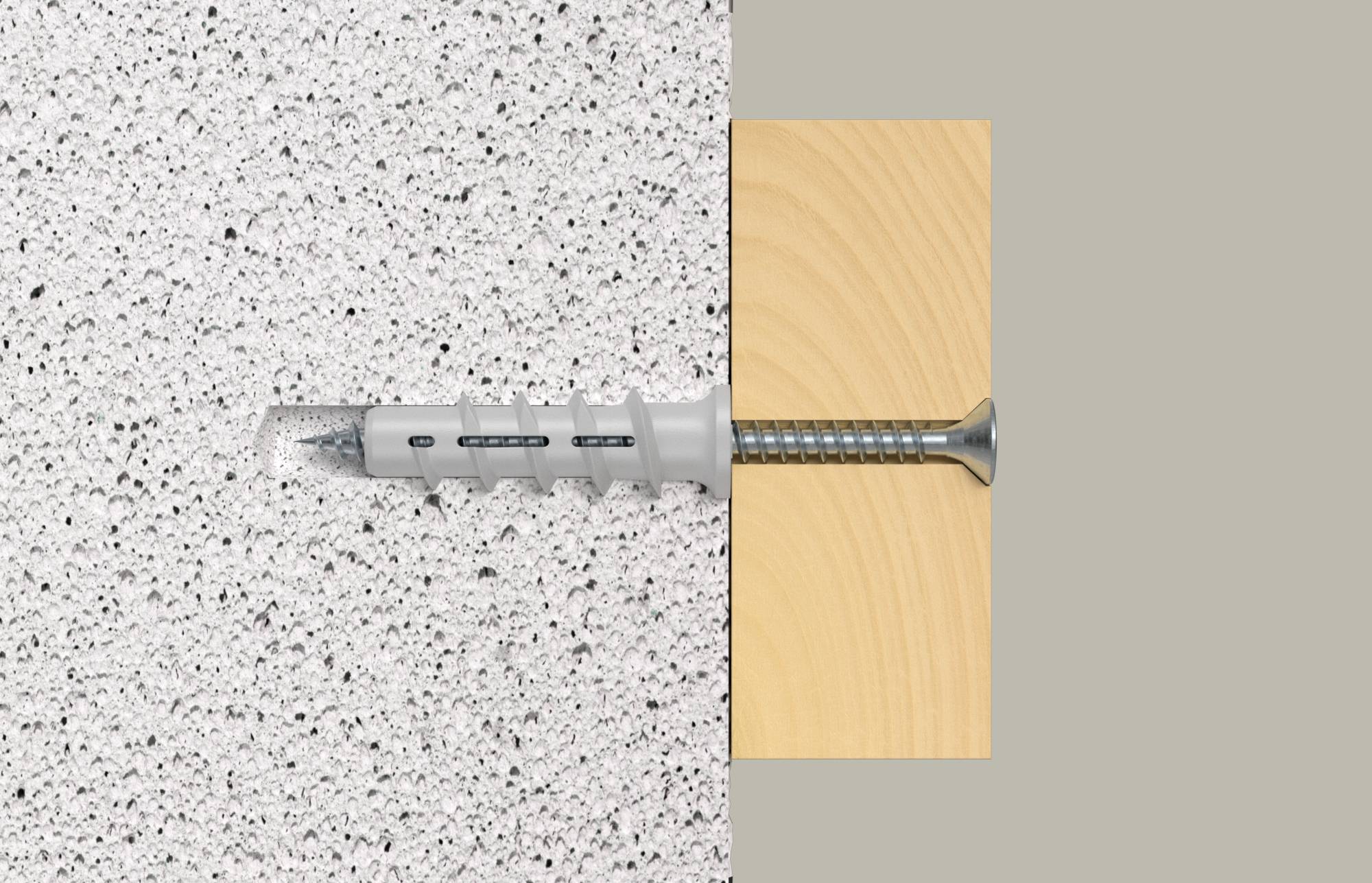 Querschnittdarstellung einer WandankerSchraube, die durch ein Holzbrett in eine gesprenkelte Wand getrieben wird und zeigt, wie sich der Anker ausdehnt, um die Schraube an Ort und Stelle zu halten.
