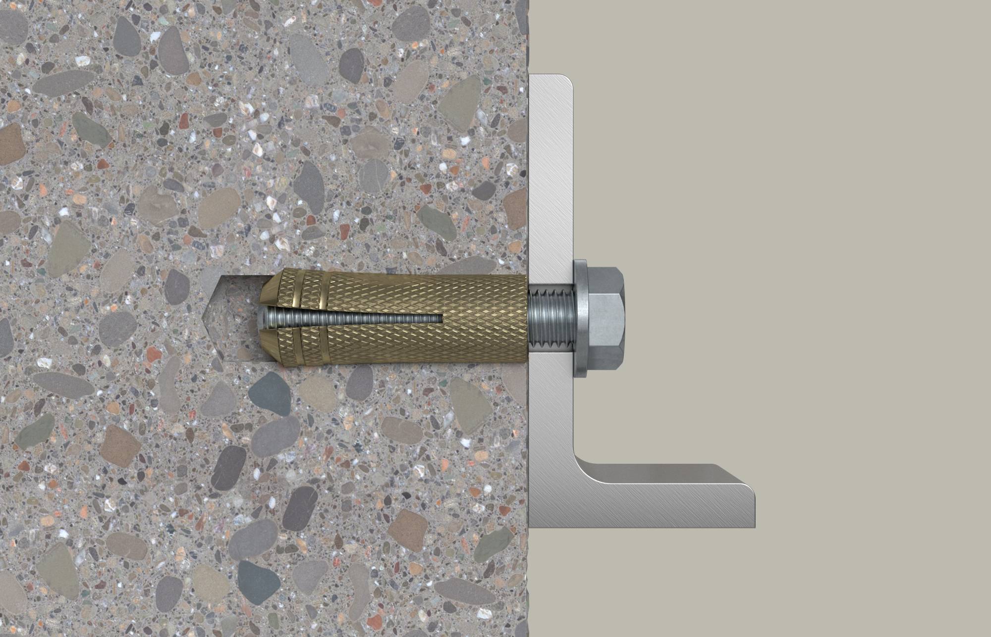Querschnitt einer Betonwandverankerung: Ein Metallexpansionsbolzen mit Unterlegscheibe und Mutter wird in die Wand neben einer Montageklammer eingeführt.
