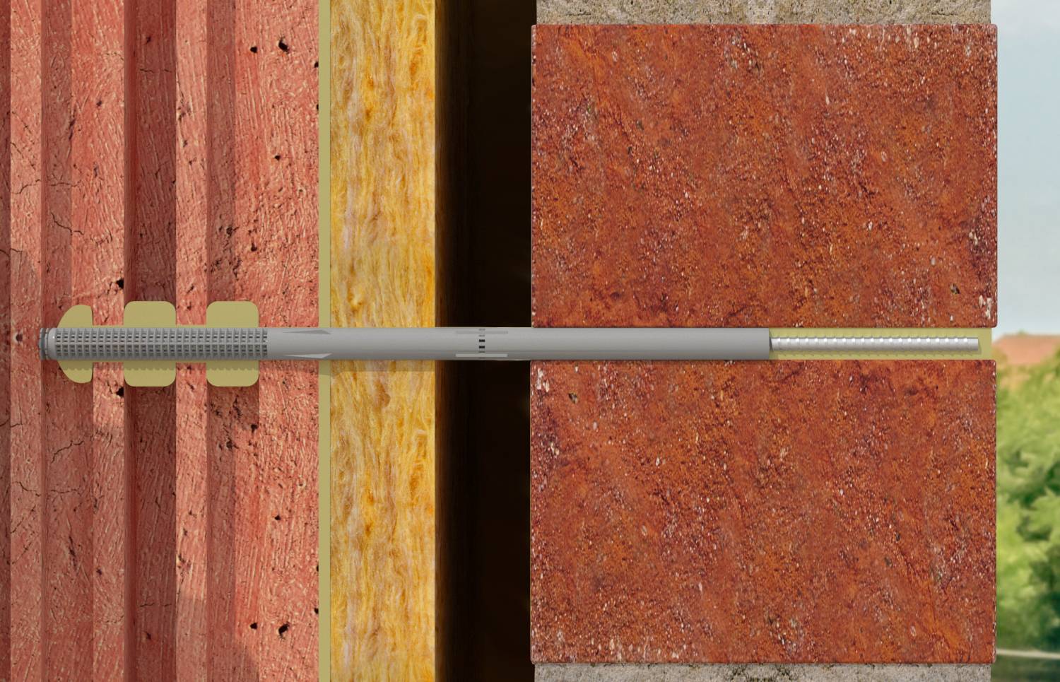 Querschnitt mit einem langen Metallankerstift, der Mauerwerkschichten durch Dämmung in einer Ziegelmauer befestigt.