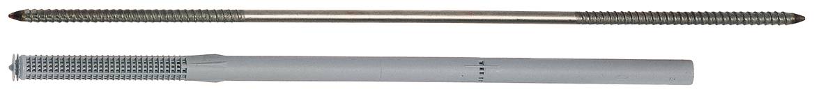 Zwei lange Metallfastener: eine stachelige schraubenartige Stange oben und eine Gewindestange mit einem glatten zylindrischen Griff unten.