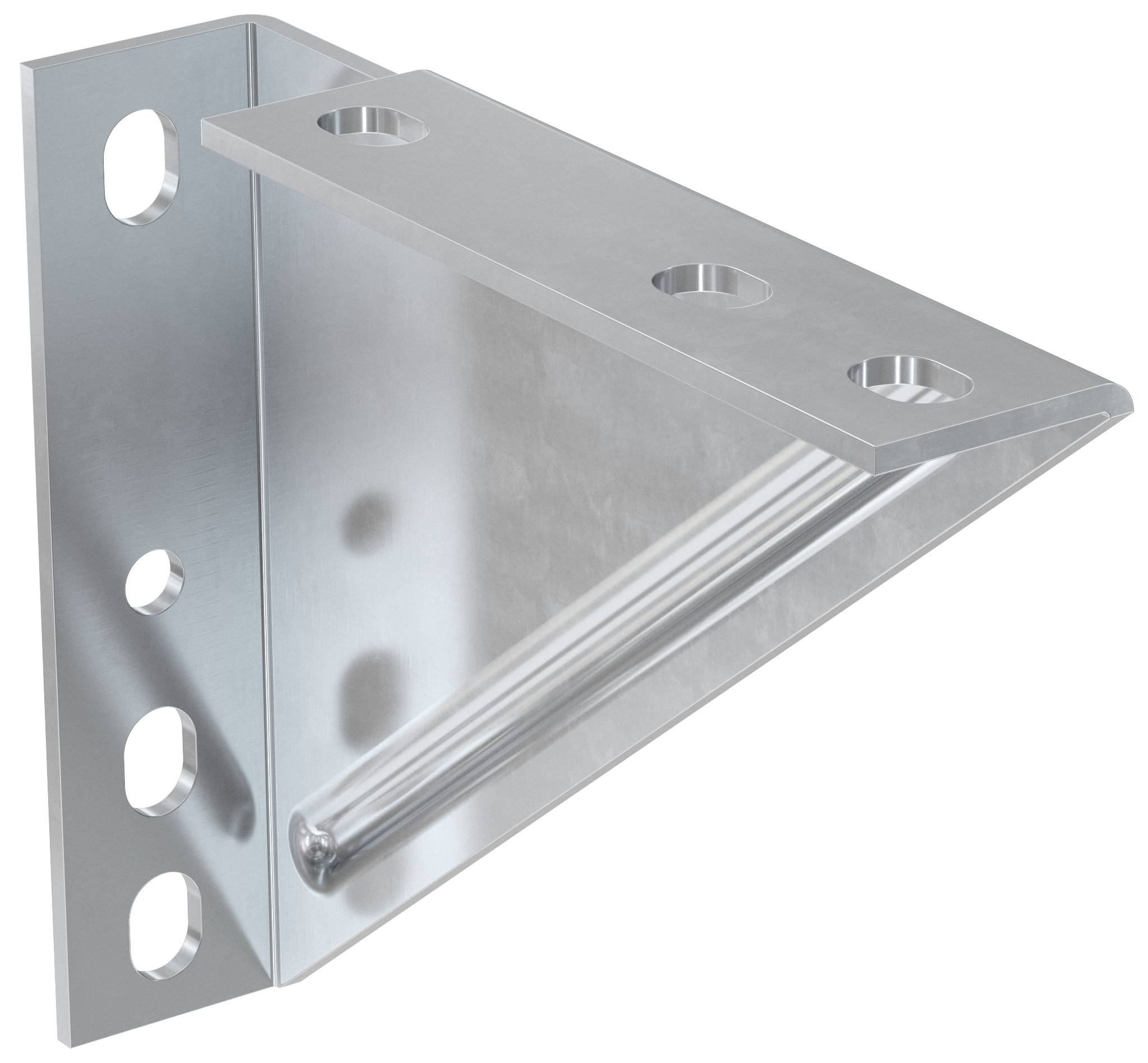 Silber-Metallwinkelbracket mit drei Schraubenlöchern auf der Oberplatte und einer vertikalen Befestigungsplatte mit Schlitzen und runden Löchern.