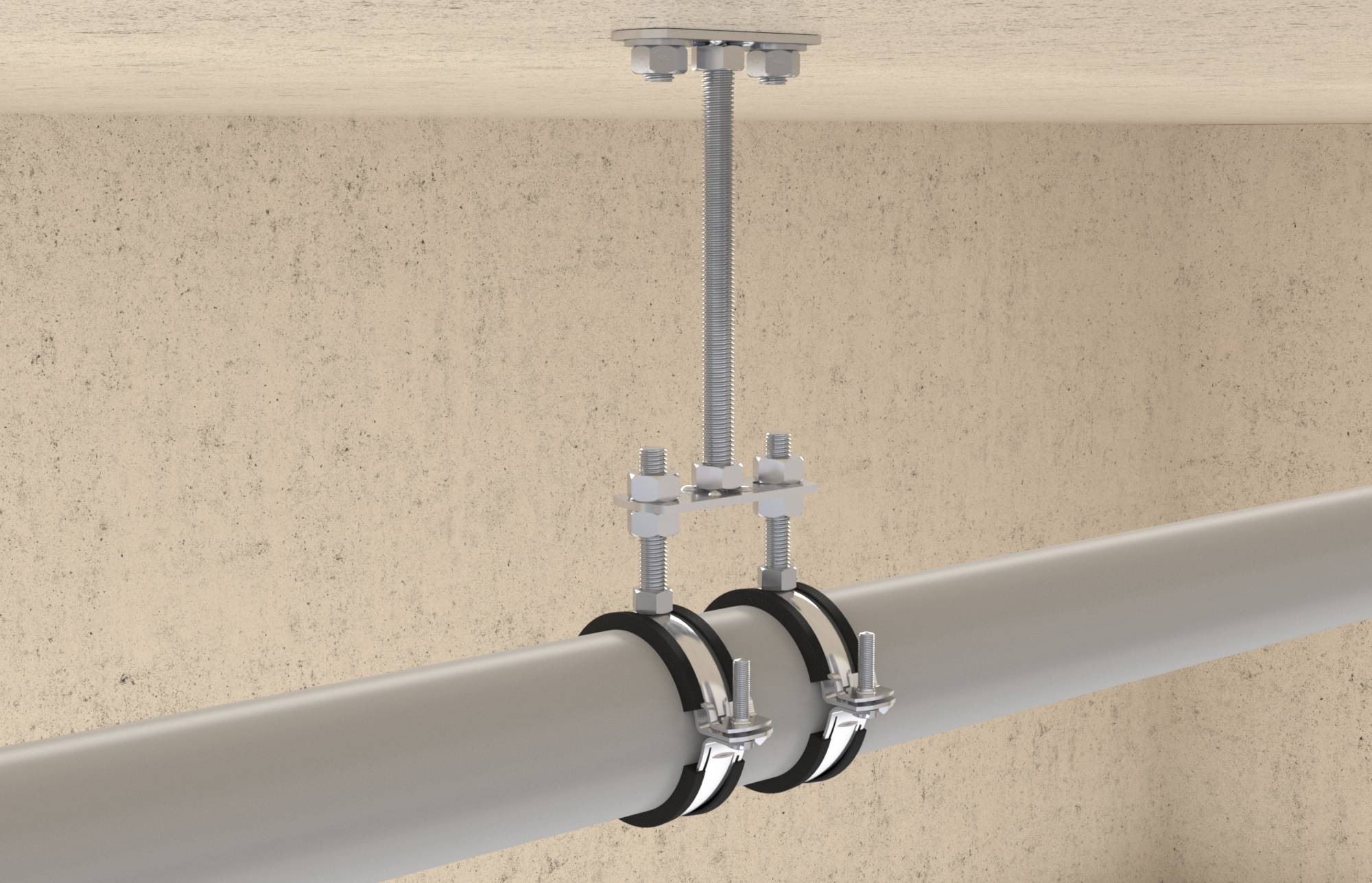 Eine an der Decke montierte Klemme hält ein horizontales Rohr mit Metallhaltern gegen eine Betonwand.
