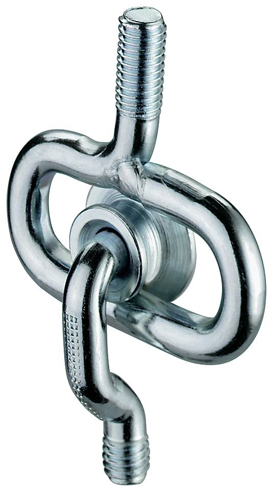 Metallischer Schnellverbinder mit Gewinde und angehängtem Haken/Kettenglied, isoliert auf weißem Hintergrund dargestellt.