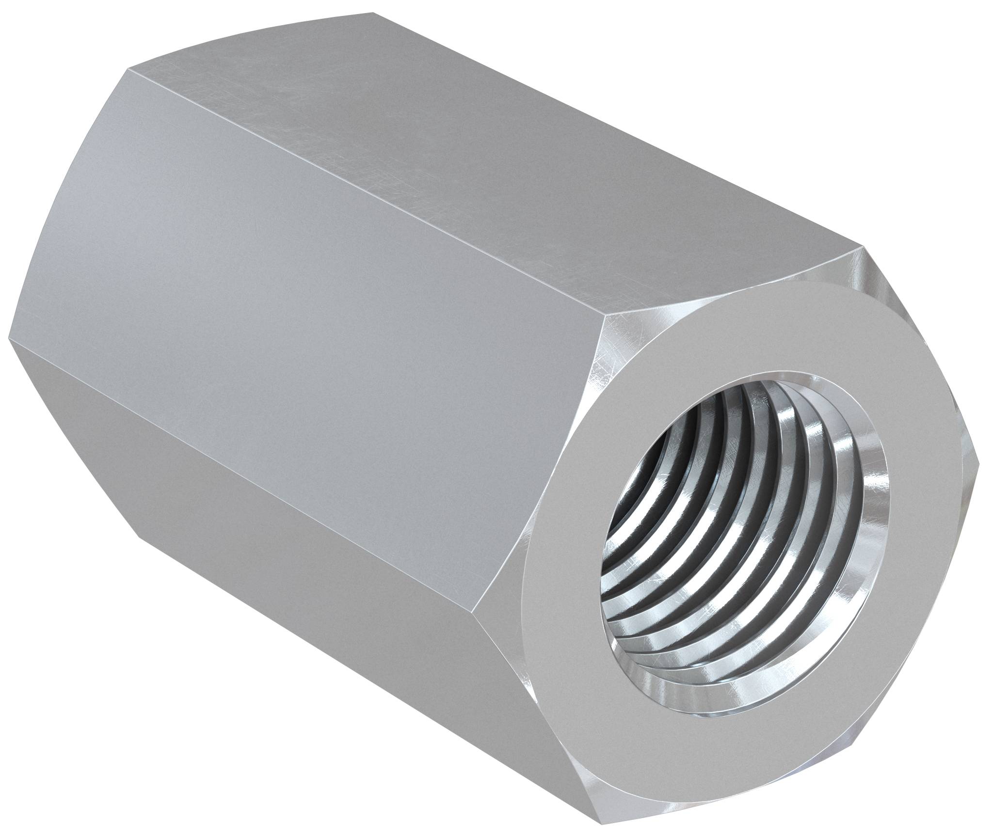 Silberne sechskantige Metall-Kuppelungsmutter mit Innengewinde, dargestellt auf weißem Hintergrund.
