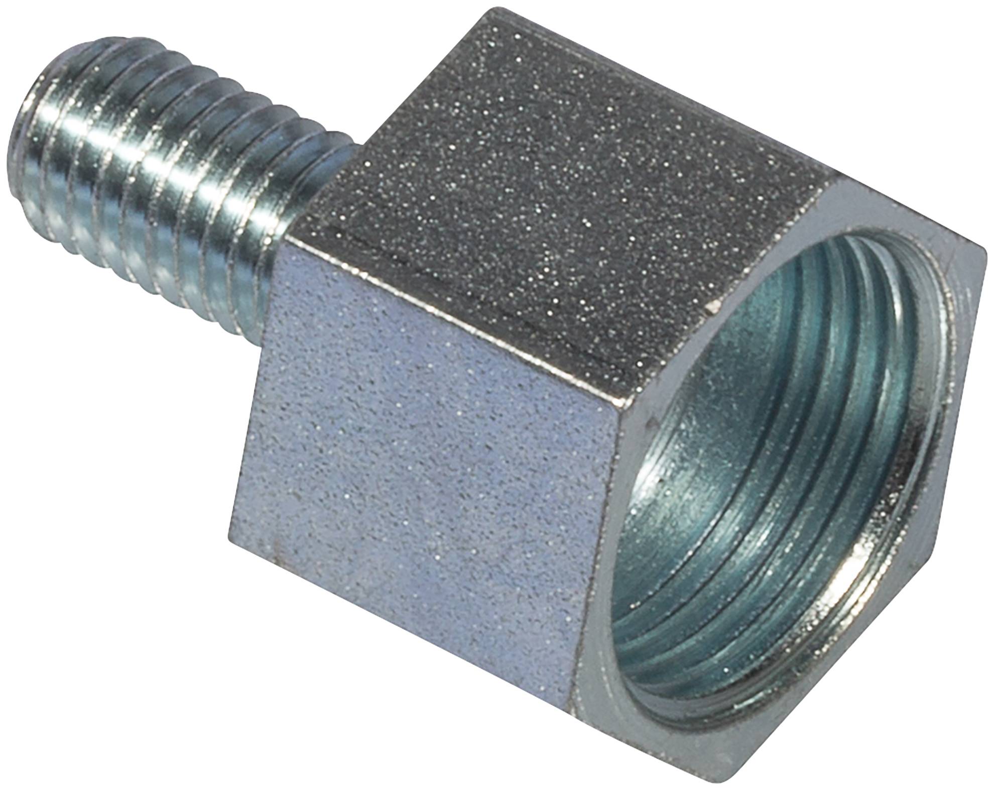 Metallische Sechskantmuffe mit externer männlicher Gewindestift auf weißem Hintergrund.
