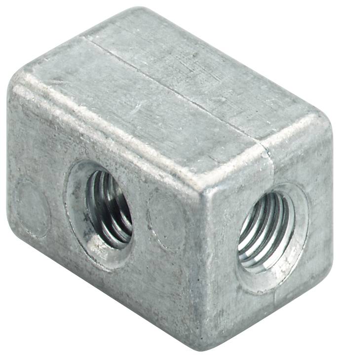 Metallischer Gewindeverbindungsblock mit zwei gegenüberliegenden Schraubenlöchern, dargestellt auf weißem Hintergrund.