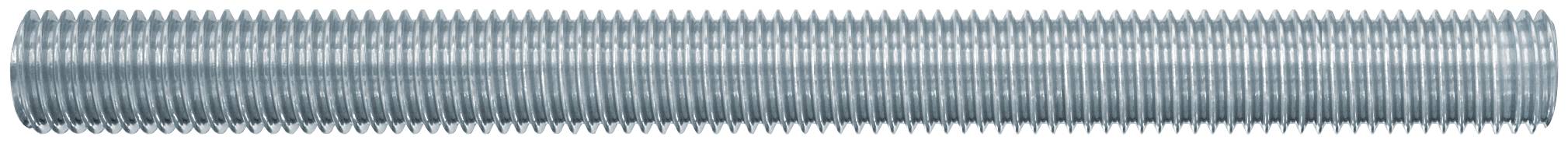 Eine lange silberne Gewindestange oder Schraube, horizontal auf weißem Hintergrund dargestellt.