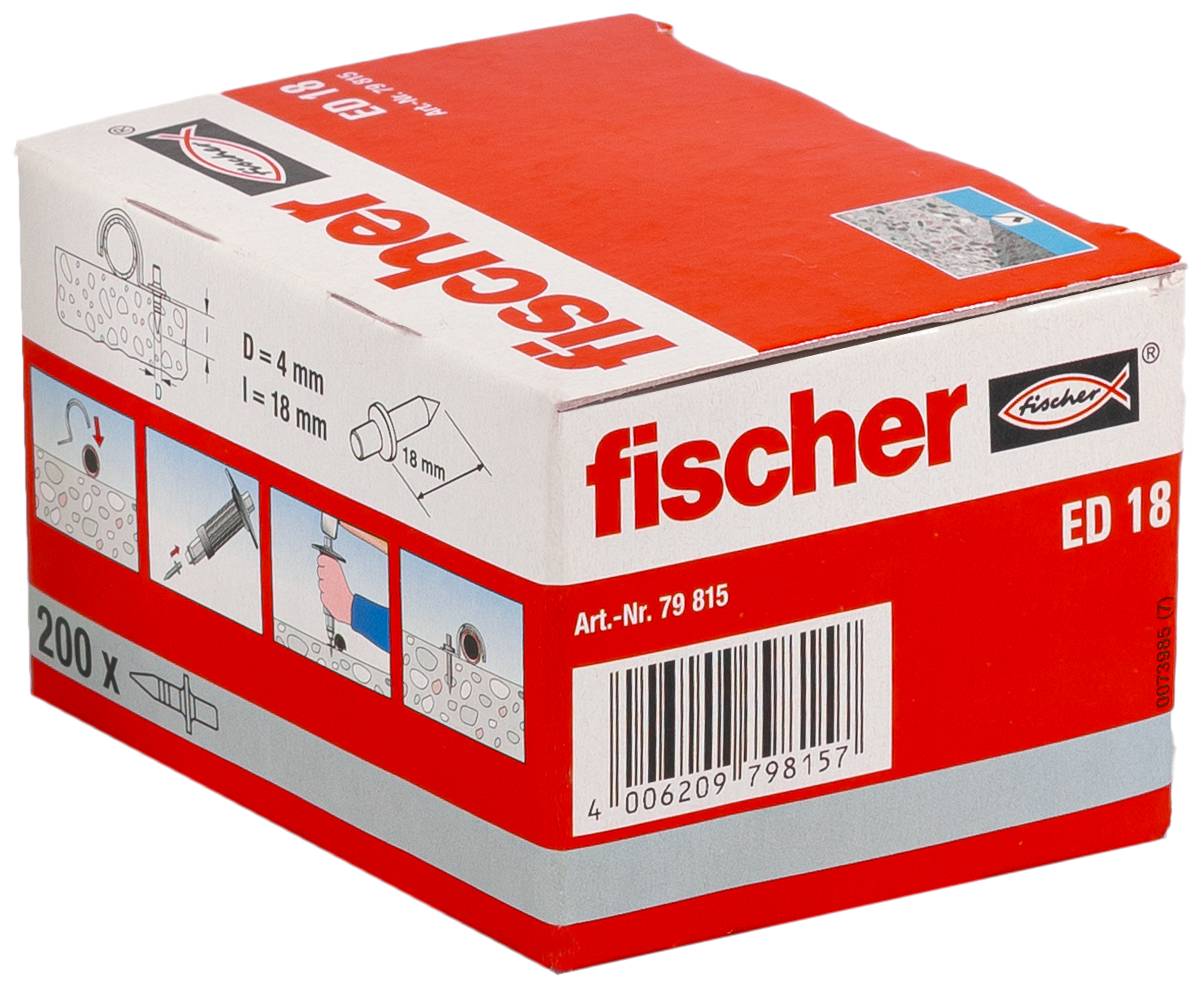 Rot-weiße Fischer ED 18 Ankerbox mit Produktdiagrammen und Barcode auf der Vorderseite.