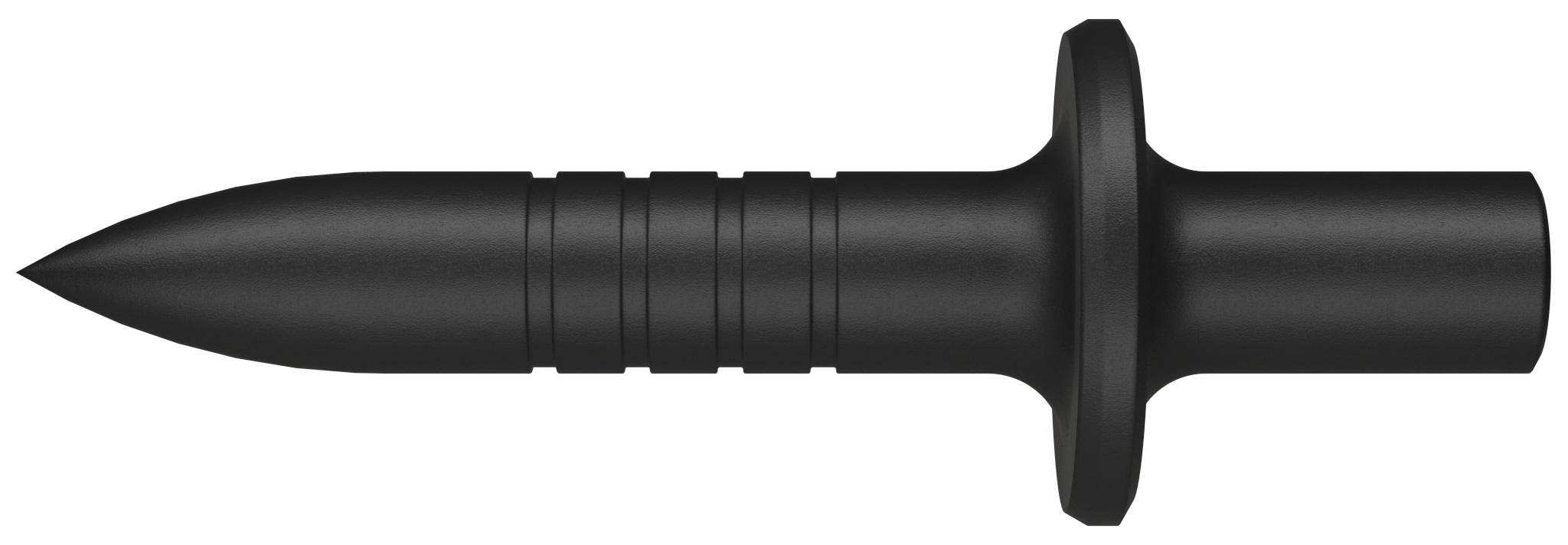 Schwarzer zylindrischer Stift oder Nagel mit spitzer Spitze und Flansch, horizontal auf weißem Hintergrund dargestellt.