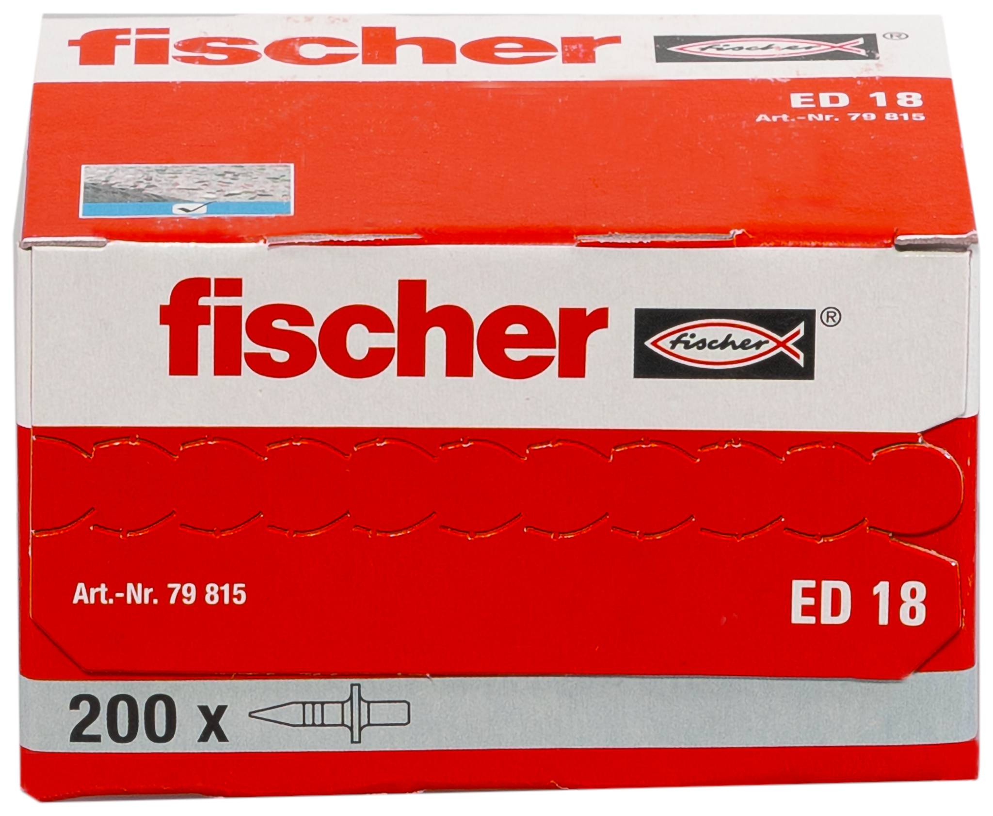 Rot-weißer Fischer ED 18 Karton mit 200 Wanddübeln, gekennzeichnet mit „Art.-Nr. 79 815