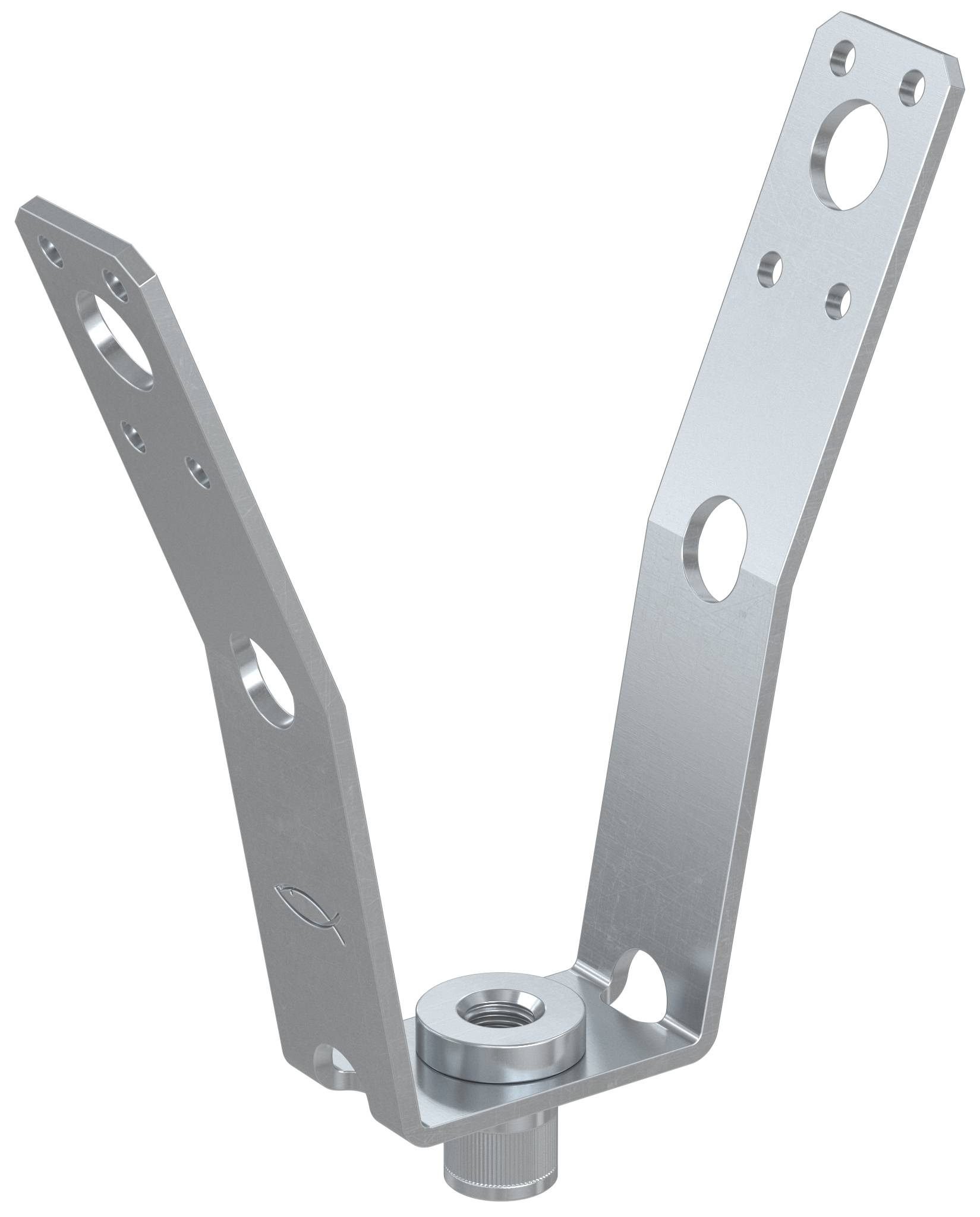 Zwei abgewinkelte Metallwinkel mit Befestigungslöchern, die an einem zentralen Gewindefastener befestigt sind, auf weißem Hintergrund gezeigt.