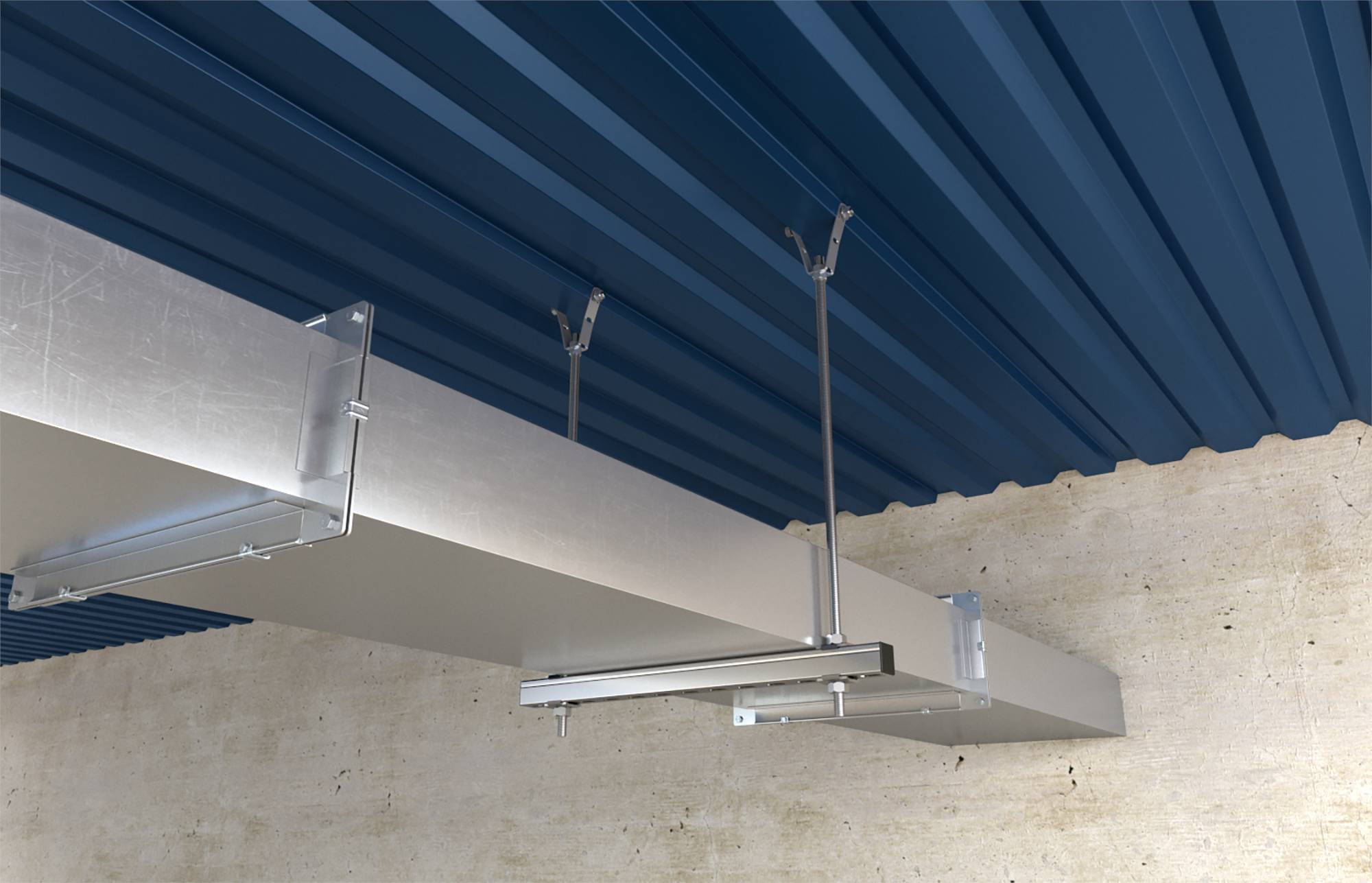 Aufgehängter rechteckiger HLK-Kanal und Plenum mit Metallhaltern, die unter einer blauen gewellten Decke neben einer Betonwand montiert sind.