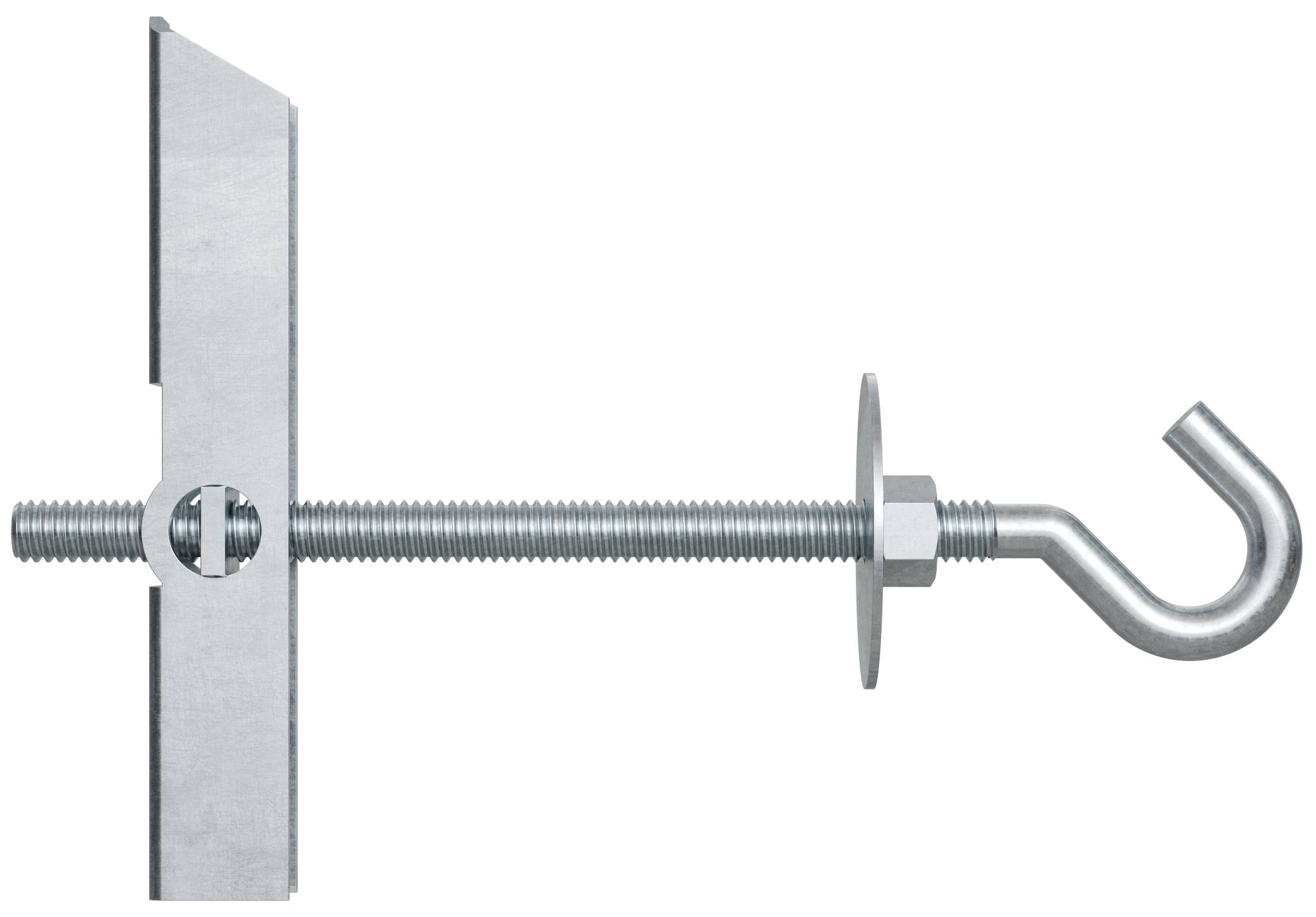 Metallumschalter mit gekrümmtem Ende, das durch eine Wandankerplatte verläuft, vor weißem Hintergrund gezeigt.