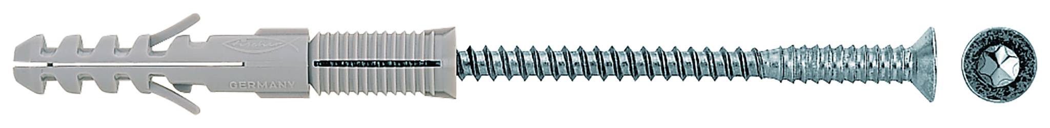 Graumetallschraube mit breitem gerilltem Schaft und spitzer Spitze, daneben ein separates rundes Kopf-/Antriebsdetail auf weißem Hintergrund.