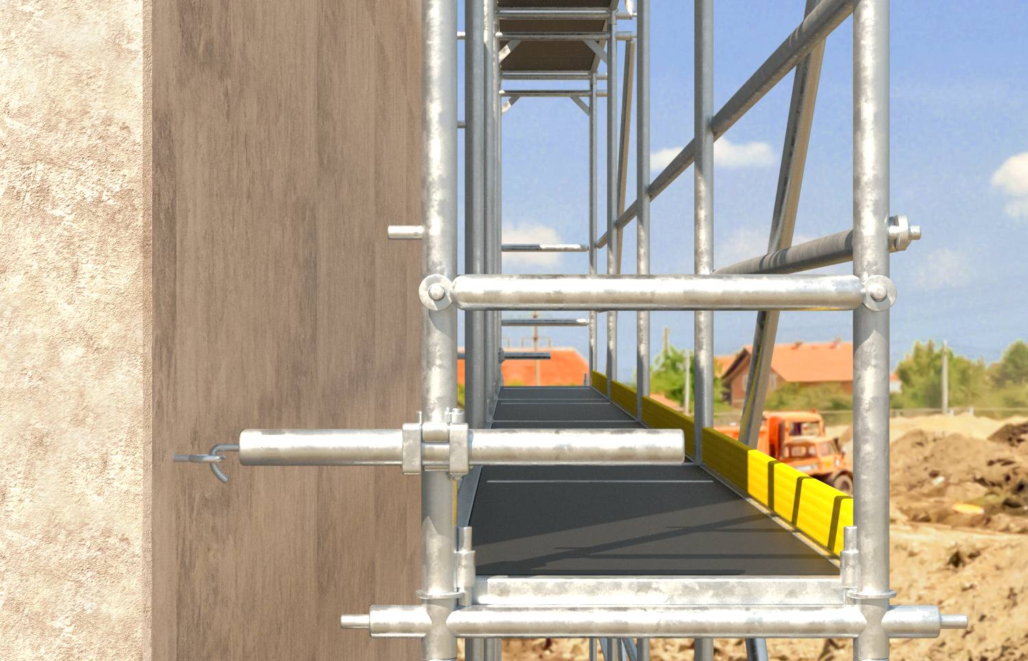 Gerüst neben einer Gebäudewand, das einen Metallrahmen und gelbe Schutzgeländer auf einem erhöhten Gehweg auf einer Baustelle zeigt.